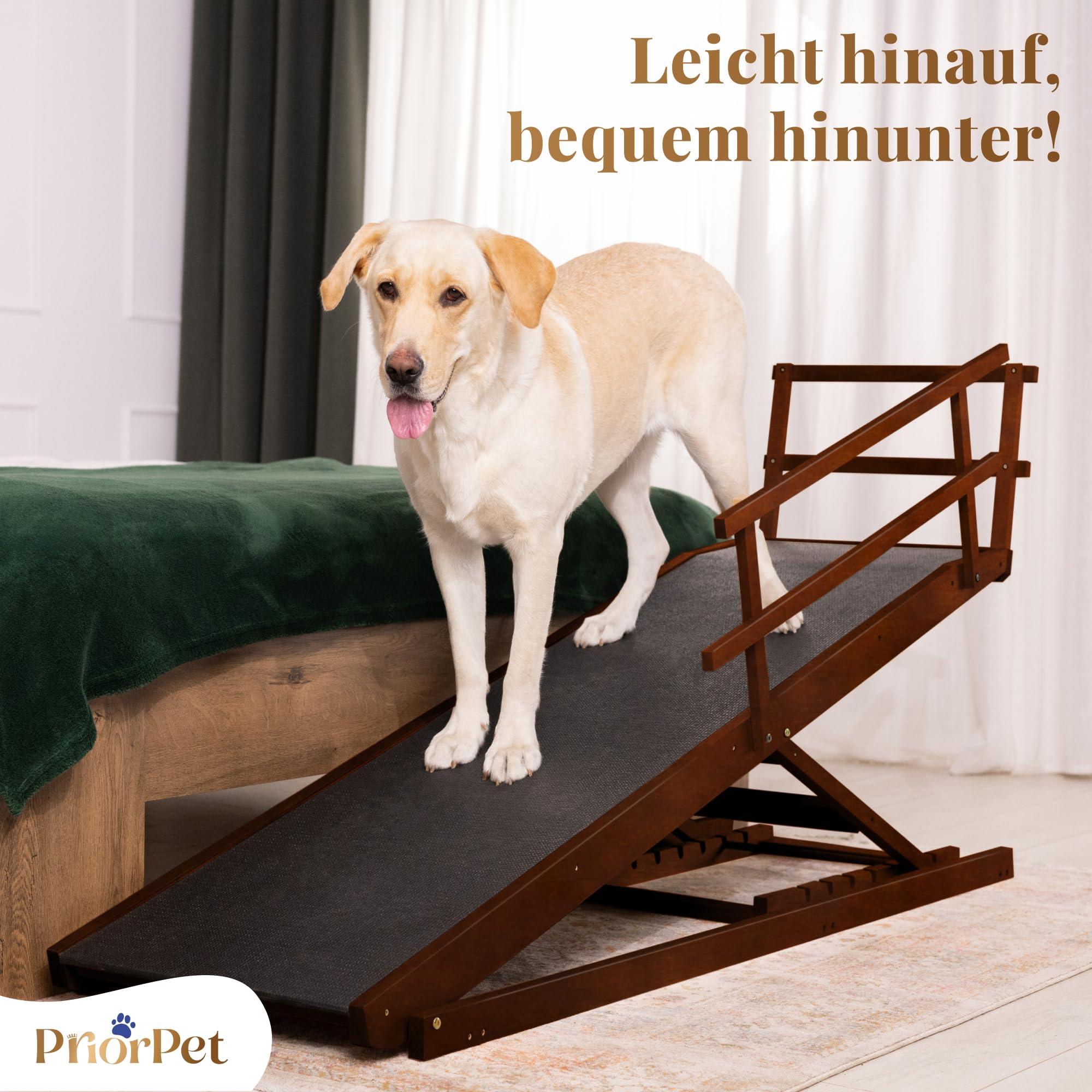 Hunderampe Bett mit Sicherheitsgeländer - Für Große Hunde bis zu 90 kg - Höhenverstellbare hundetreppe für Betten bis zu 94.5cm - Breite 49,5 cm - Klappbar - Anti-Rutsch-Griff - Birkenholz - Walnuß