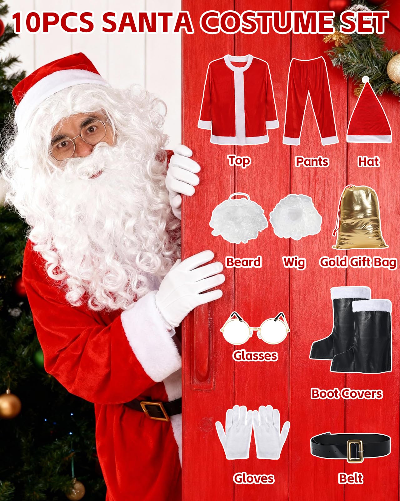 Weihnachtsmann Kostüm für Herren, 10-teiliges Weihnachtskostüm Premium Set | inkl. Bart, Sakko & Goldbeutel, Erwachsene Deluxe Santa Claus Costume für Weihnachtsfeiern, Karneval und Nikolaus Cosplay