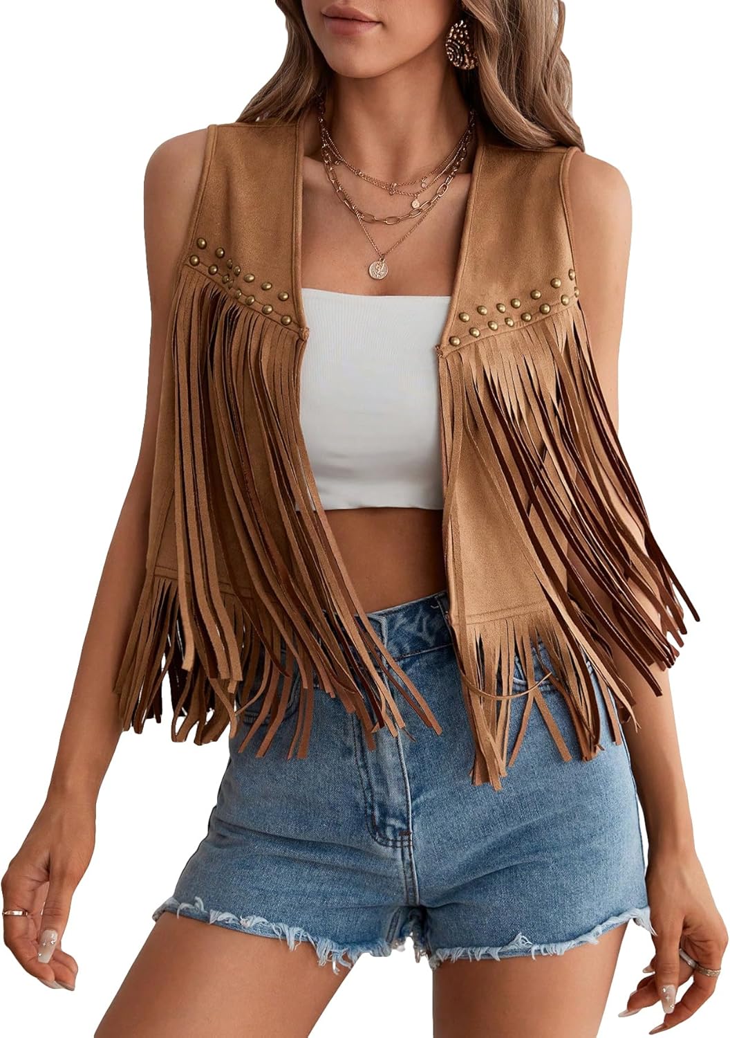 GORGLITTER Women's Tassel Fringe Sleeveless Vest Suede 70s Hippie Cowgirl Country Concert Western Jacket Outfits