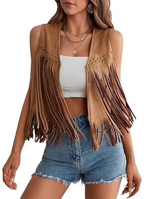 GORGLITTER Womens Tassel Fringe Sleeveless Vest Suede 70s Hippie Cowgirl Country Concert Western Jacket Outfits