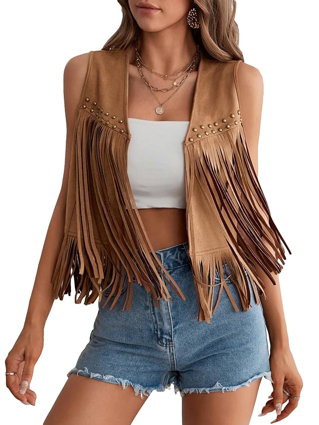 GORGLITTER Womens Tassel Fringe Sleeveless Vest Suede 70s Hippie Cowgirl Country Concert Western Jacket Outfits