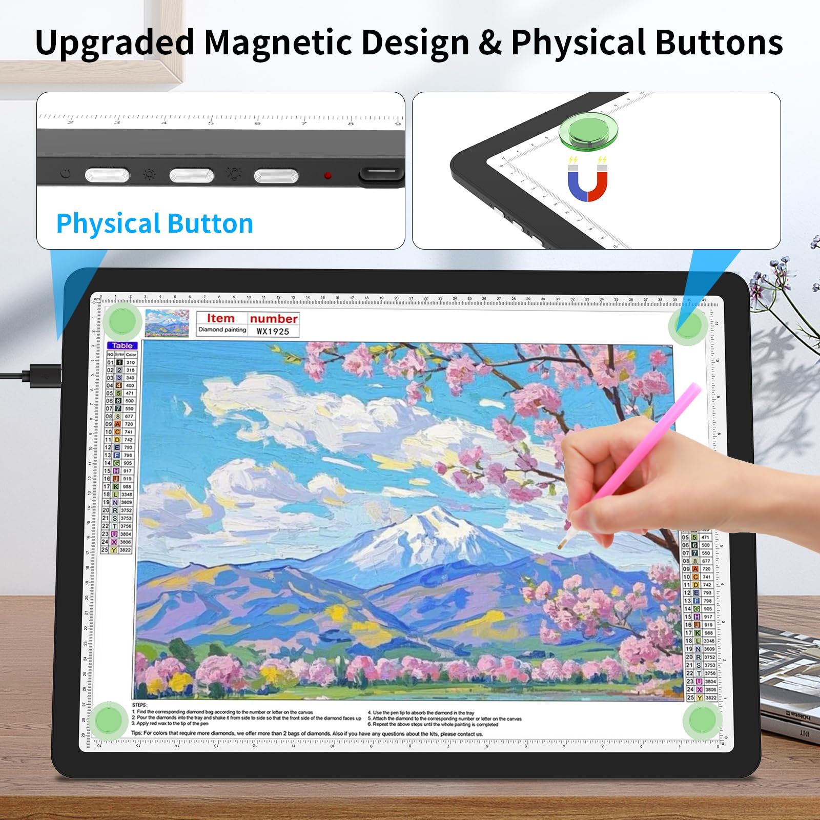 TOHETO A3 Light Board for Diamond Painting Super Bright Magnetic Light Pad with Side Buttons - Image 3