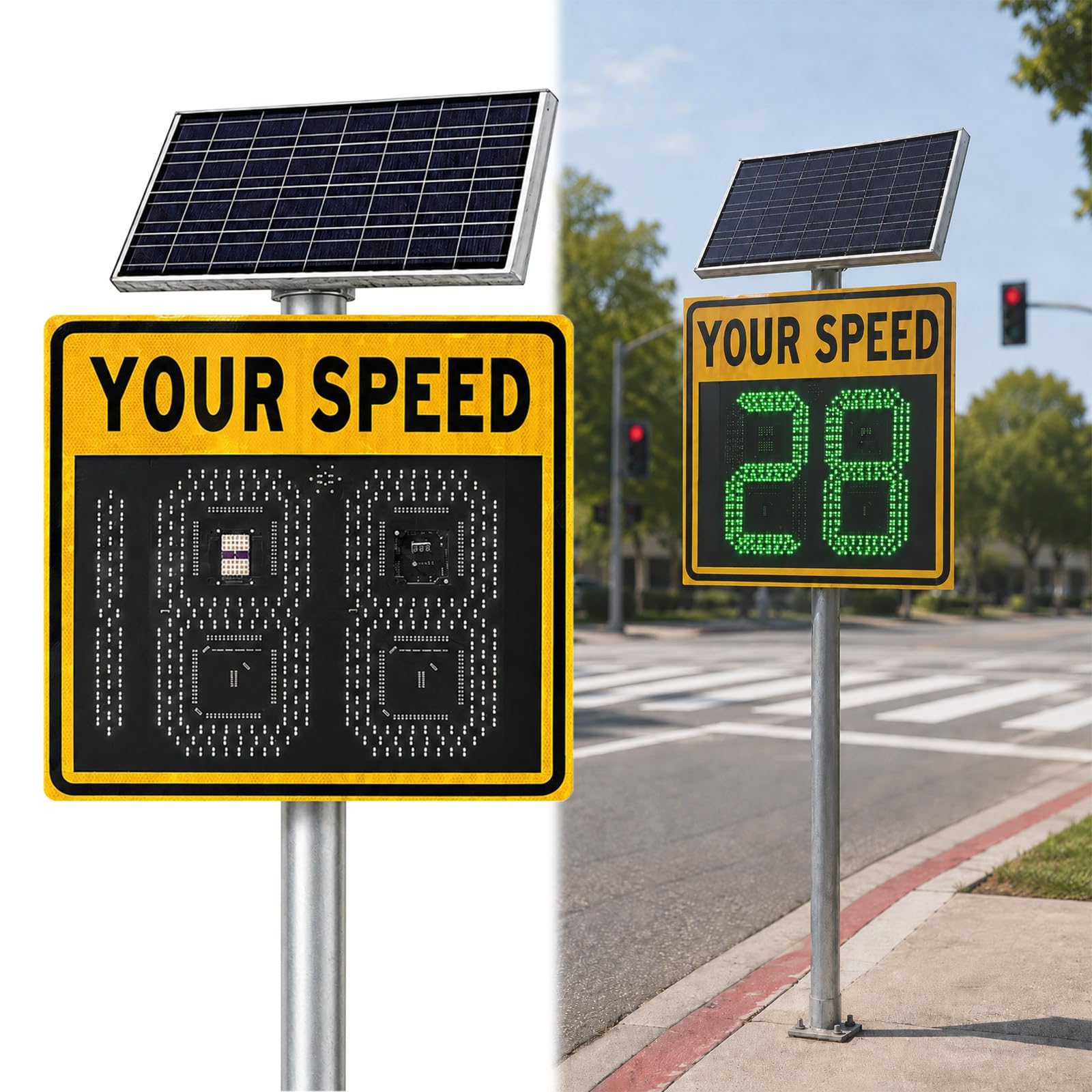 XEEAOFE 24"x24"(24"x27") Solar Powered Radar Speed Display, Traffic Feedback Warning Board Speed Display, Weatherproof for Traffic Calming, Roads & Logistics Warehouses 3 Digit