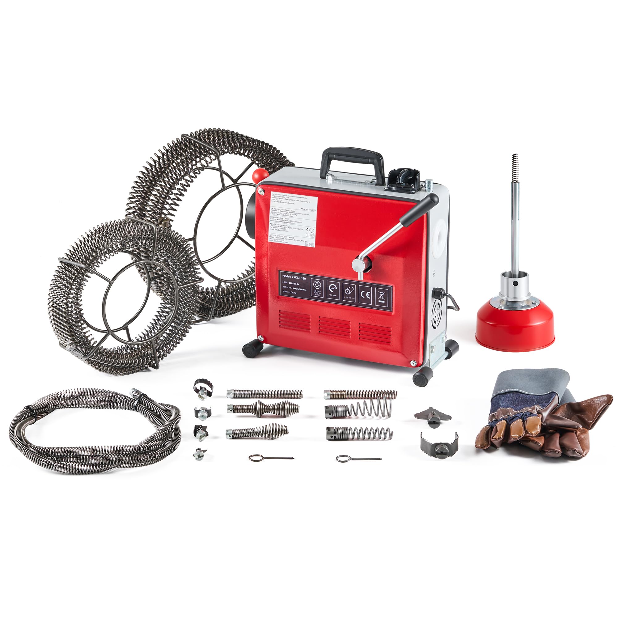 ZELCAN Rohrreinigungsgerät elektrisch, 850W Motor, 6 Aufsätze, Spiralen mit 10/16/22 mm Durchmesser, 450 U/min, passend für Rohre von 20–200 mm, ideal für Abwasserrohre, Toiletten und Kanalsysteme