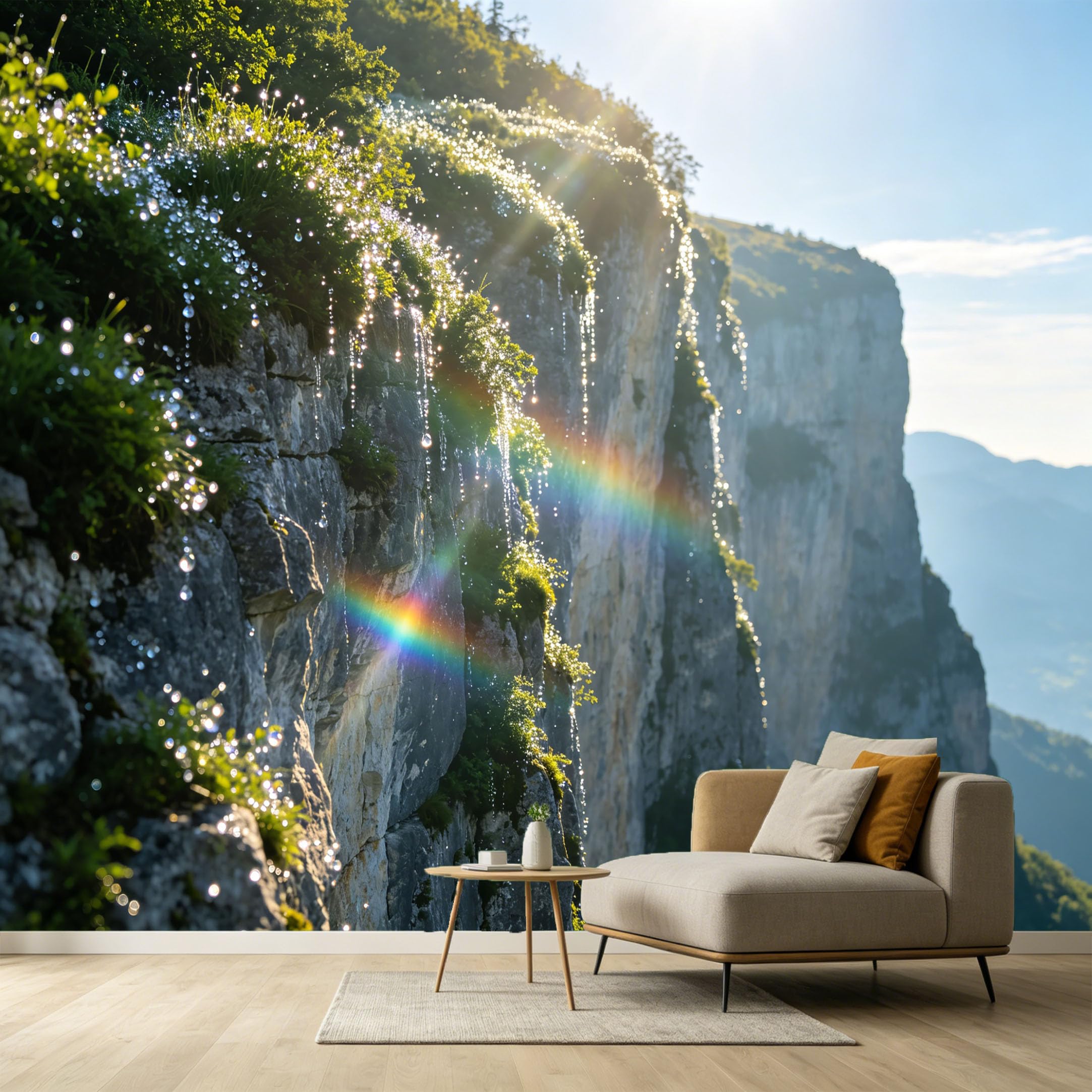 Custom Size Wall Murals Sunlit Mountain Cliff Rainbow Water Drops Landscape 3D SelfAdhesive Wall Fabric Removable Large Wallpaper for Photo Living Room Decors