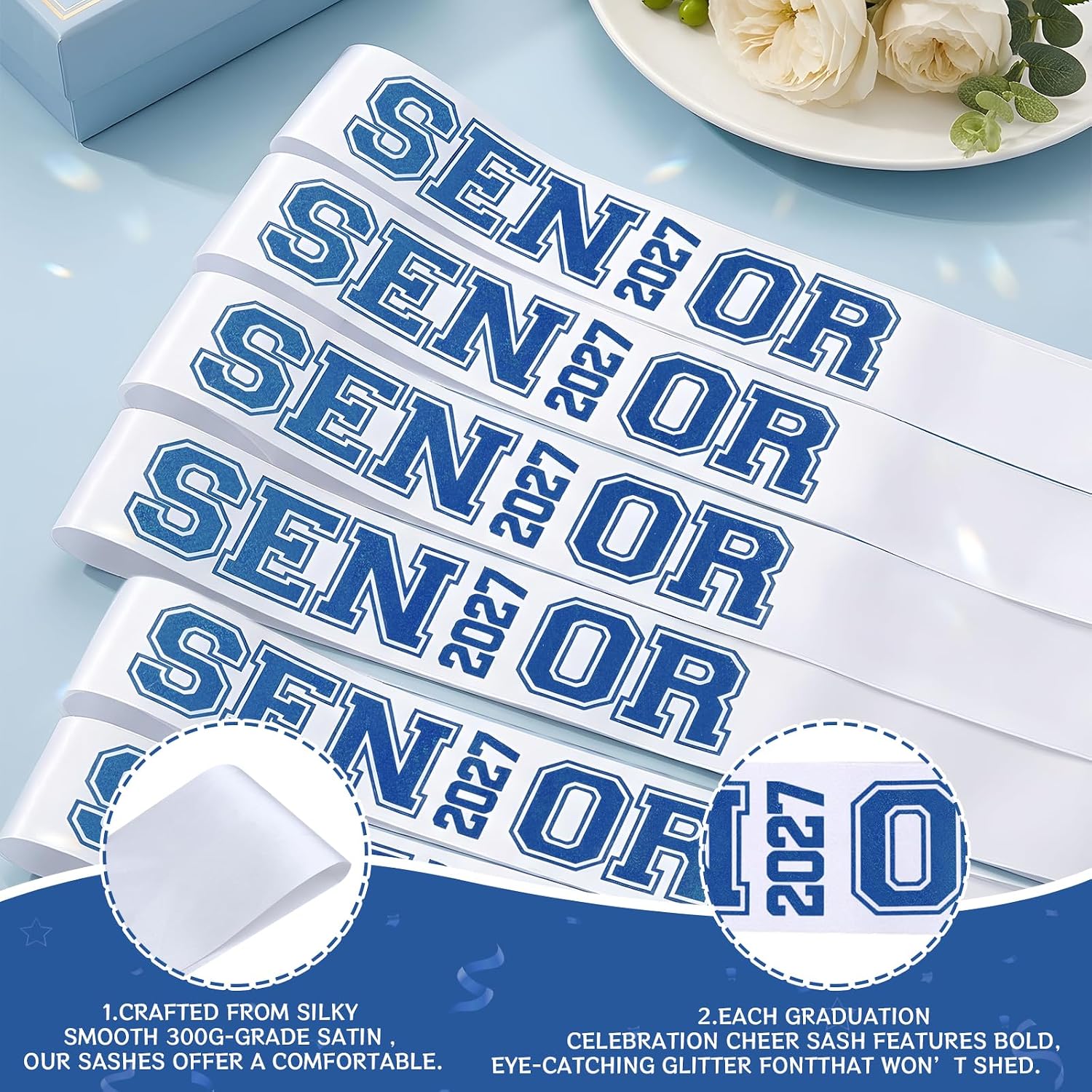 Senior 2027 Sash for Graduation Decorations - 6 Pack White Satin Class of 2027 Sashes with Glitter Letters , Premium Senior Night Gifts for High School College Graduates Party Favors (Blue)