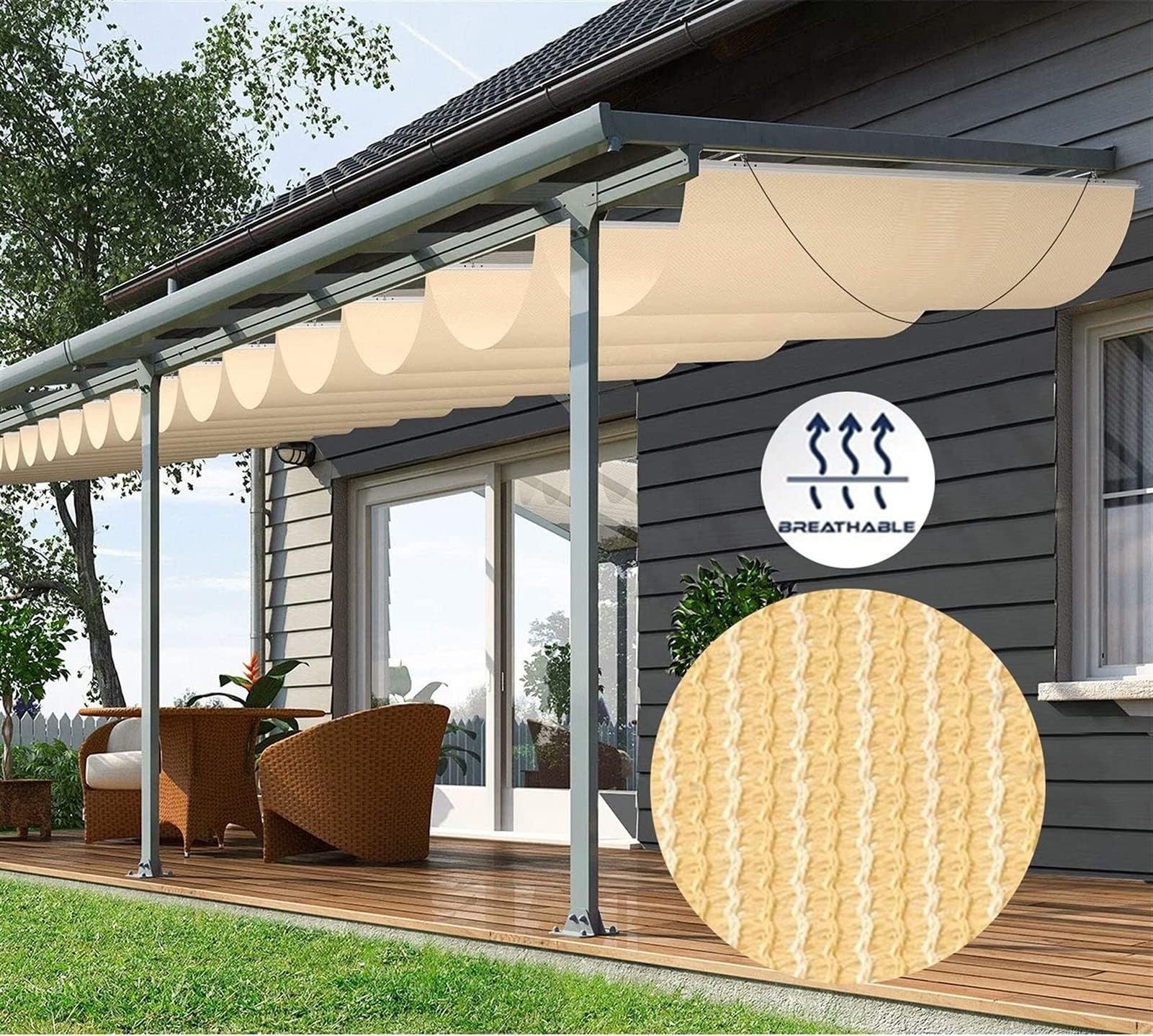 AOTNZ Wave Shade Sails, Roofing Retractable Replacement Slide On Wire Canopy, Breathable Polyester Patio Shade Cover with Mounting Kits for Deck Porch Restaurant Cafe (Color : Beige, Size : 1.1x6m)