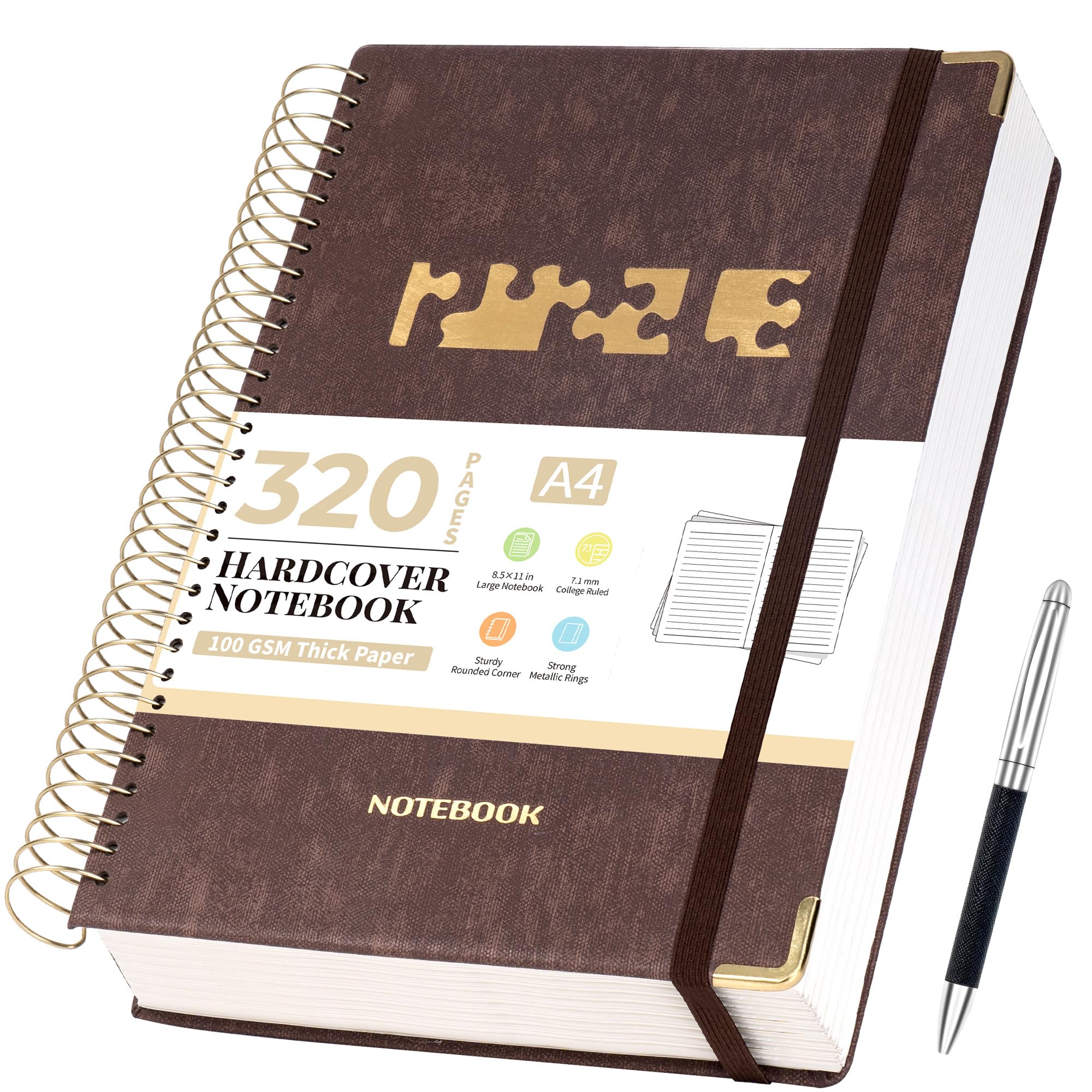 CAGIE Cuaderno de espiral de 8.5 x 11 pulgadas, 320 páginas de cuero A4, cuaderno grande de 100 g/m², rayado universitario, cuaderno grueso de tapa dura con calcomanías para hombres y mujeres, diario