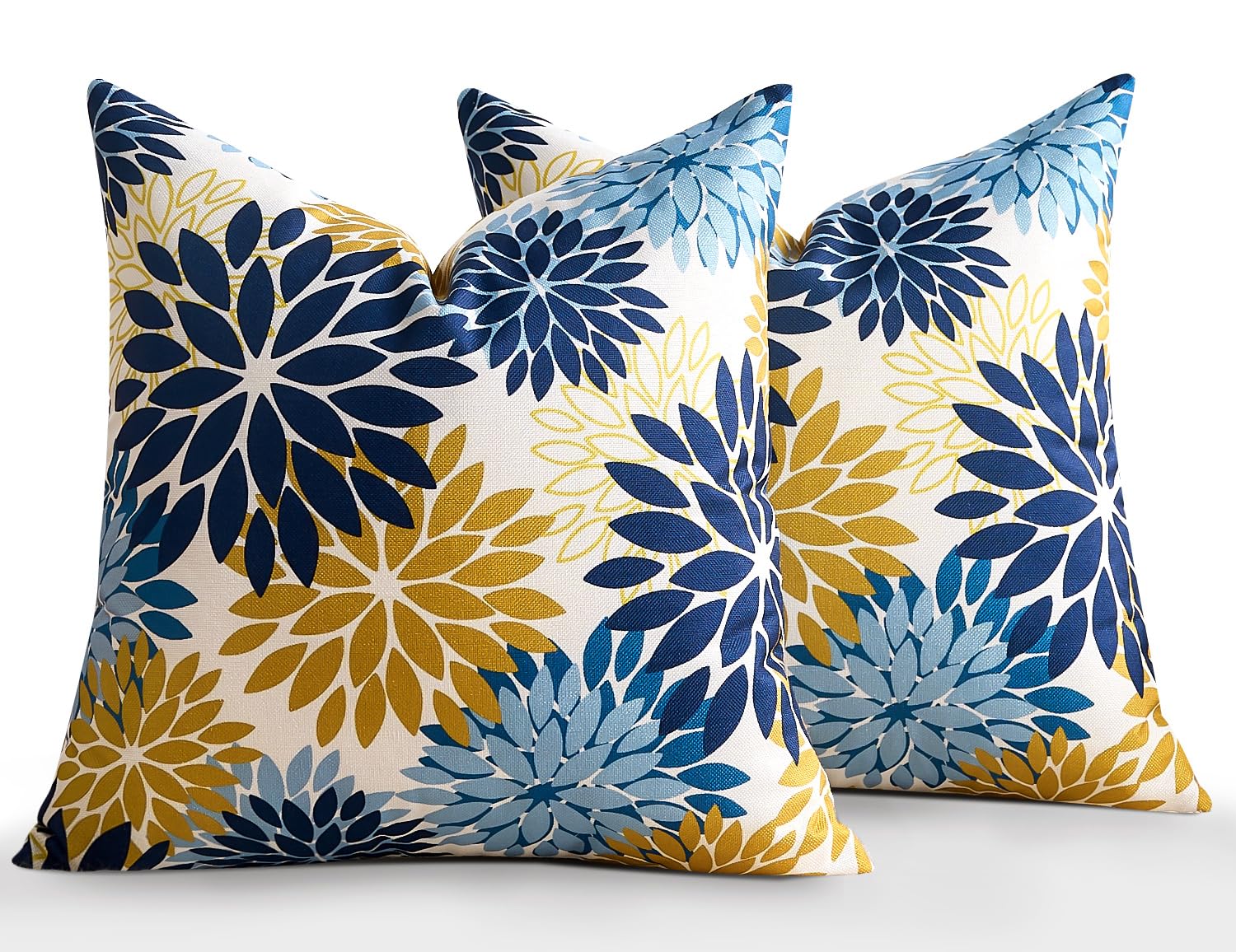 Housse de coussin 45x45 cm dahlia bleu et jaune lot de 2 imprimé floral géométrique