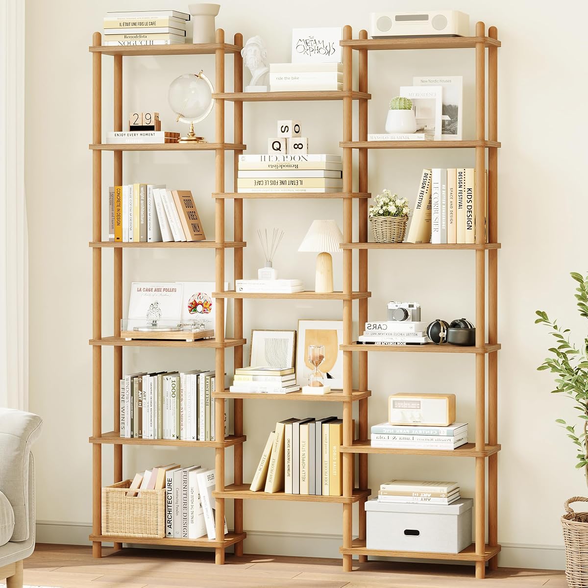 IOTXY Wooden Triple Wide Bookshelf, 6-Tier Large Open Bookcase, Oak | Beech Wood Frame, 17 Open Shelves, Display Storage for Books, Plants, and Decor, Living Room, Home Office