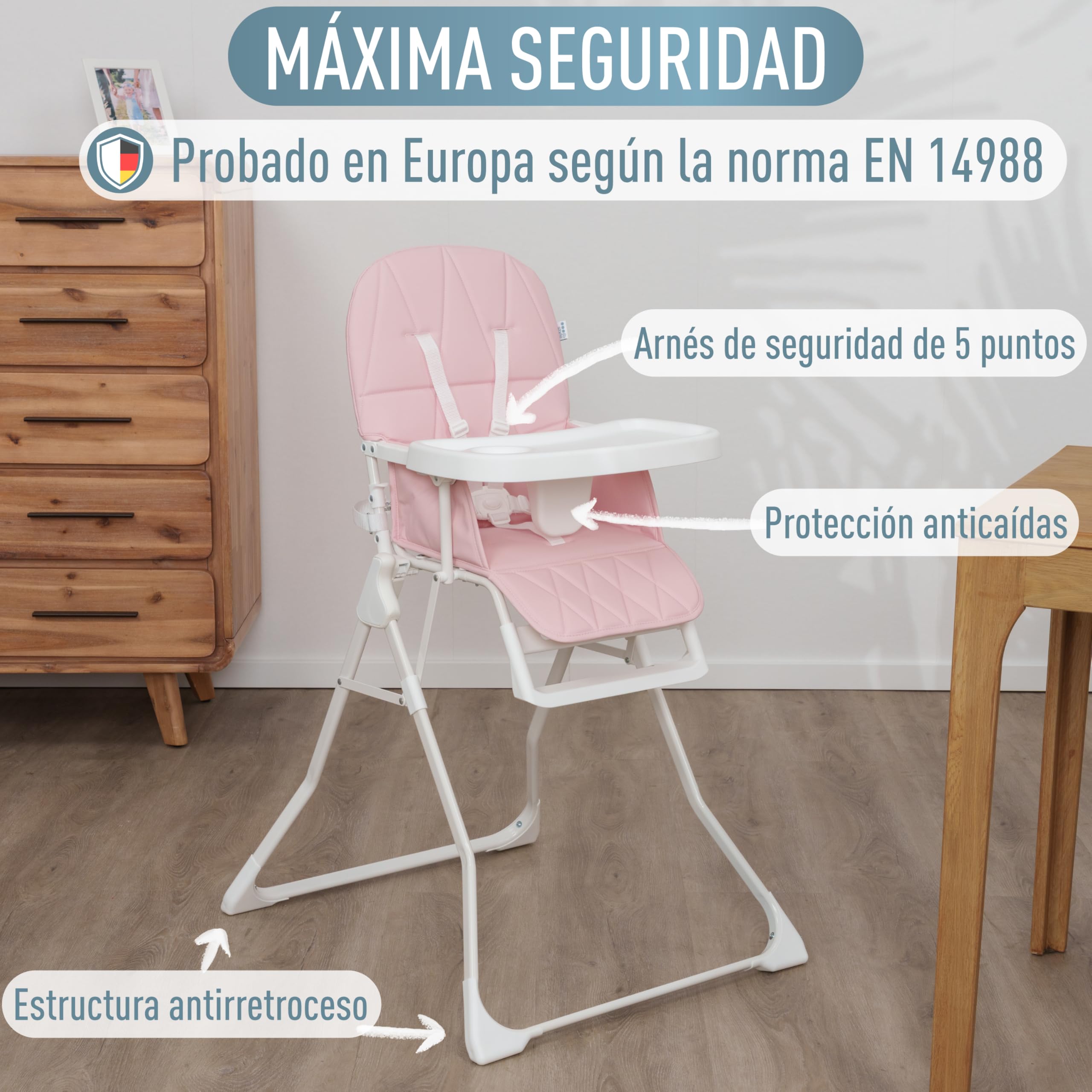 IB STYLE Trona Bebé Leno - Silla de Comer Plegable y Ahorra Espacio, Evolutiva con Bandeja y Reposapiés, Arnés de 5 Puntos, Asiento Acolchado, Fácil de Limpiar, de 6 Meses a 3 Años (15 kg), Rosa