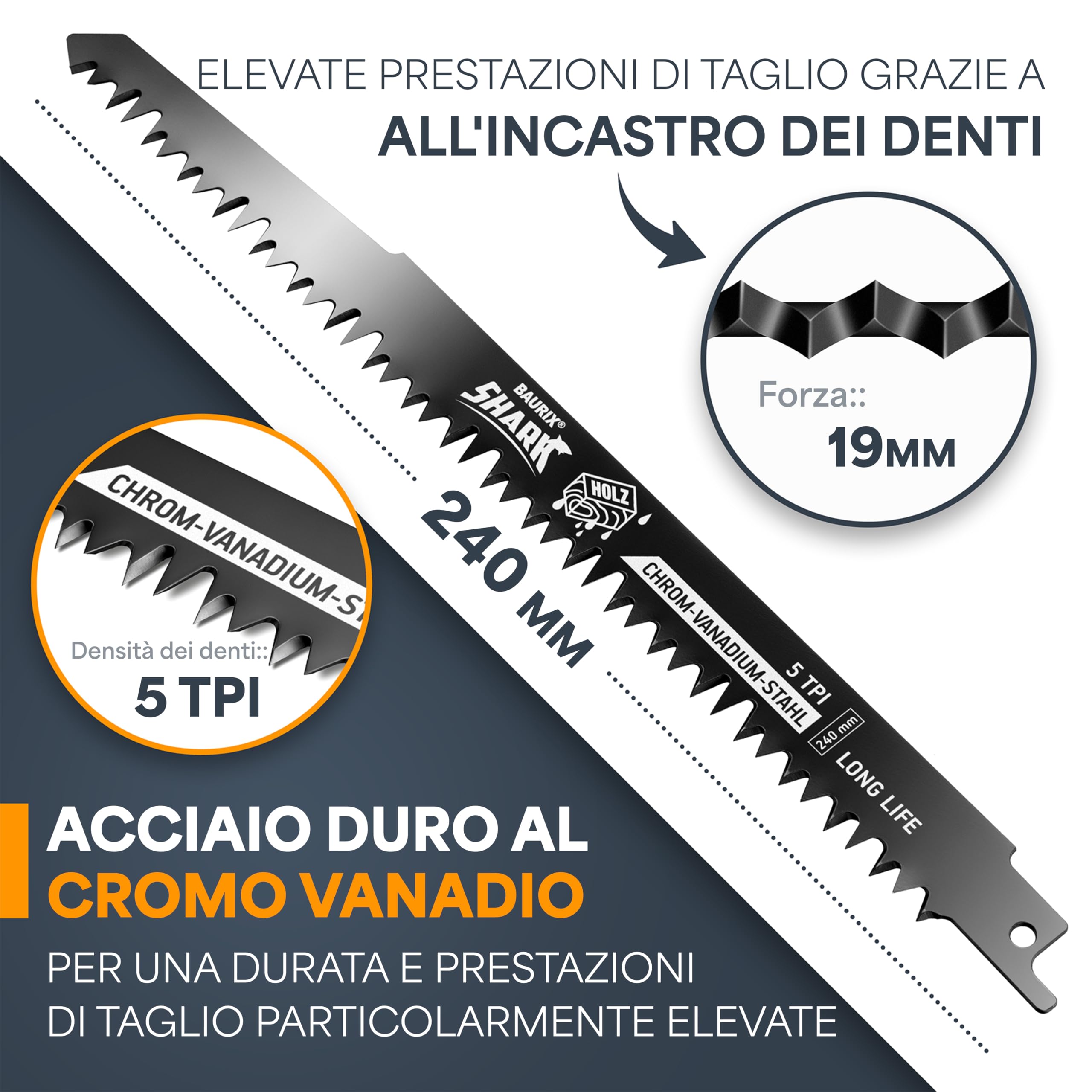 BAURIX® Lame per Seghetto SHARK® [5 Pezzi] - 240 mm - 5 TPI - Per Tagli Veloci e Puliti su Legno Grezzo, Umido, da Ardere e Vivo