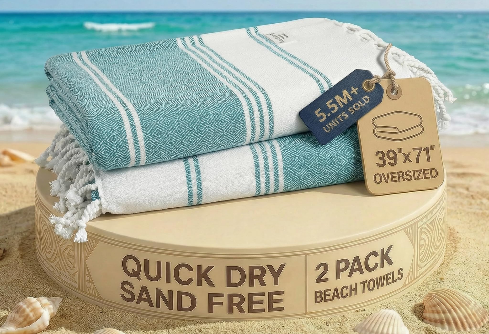 LANE LINEN Turkish Beach Towels, 2 Pack Extra Large Beach Towel, Pre-Washed for Soft Feel, Oversized Sand Free Quick-Dry Pool Towel, Beach Towels for