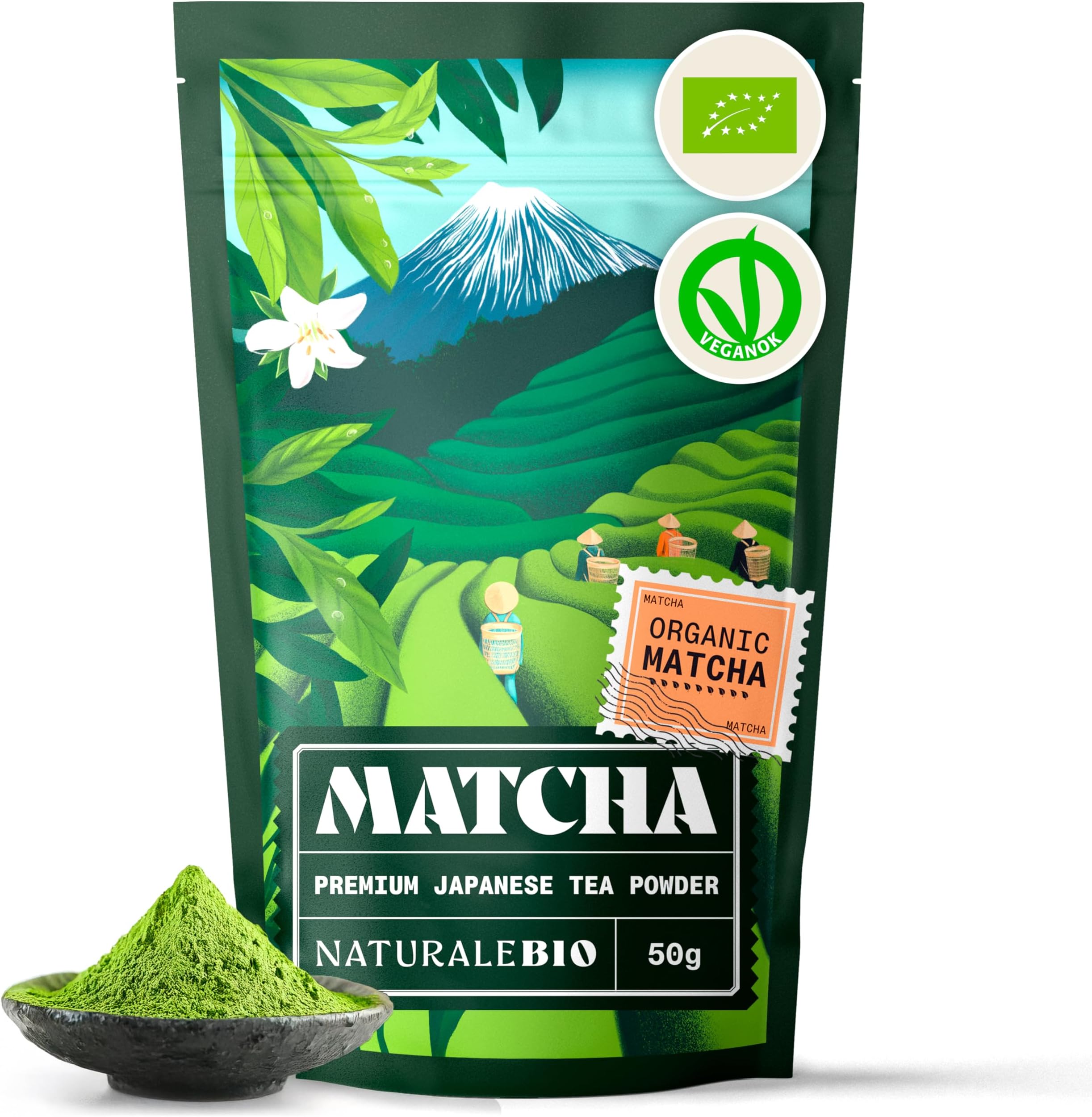 NaturaleBio Japanese Organic Matcha Green Tea Powder - Premium Grade - 50g. Tea Produced in Japan, Uji, Kyoto. Use for Drinking, Smoothie Making and with Milk. Vegan & Vegetarian Friendly