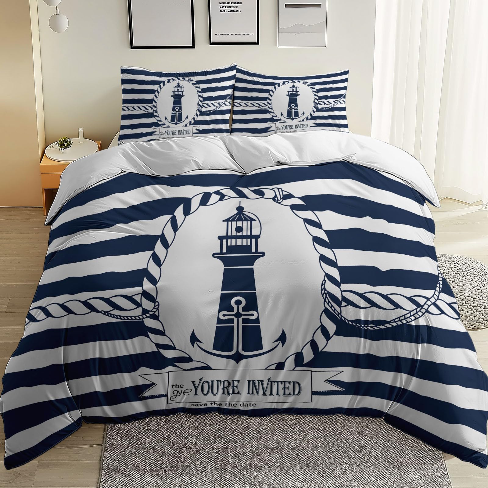 Generico Set copripiumino Nautico Linea Mezzo Marinaio Matrimoniale deluxe in microfibra, 3 pezzi Copripiumini da 180 × 220 cm e 2 federe da 50 x 80 cm, Bianco
