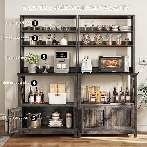 Miniatura 5 de YITAHOME Estante para panaderos con toma de corriente y puerta de armario de almacenamiento, soporte alto de microondas de 5 niveles, gabinete de