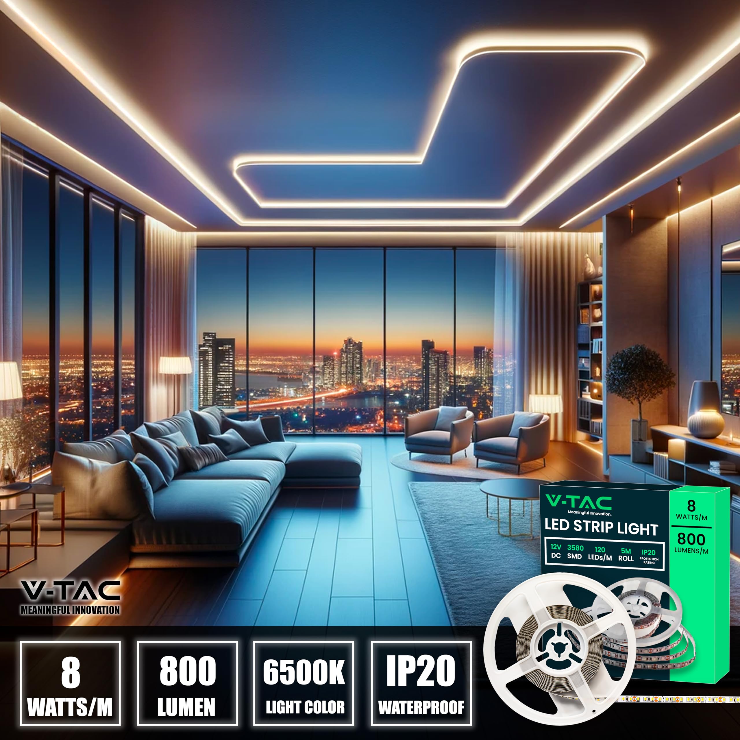 V-TAC Striscia Led da Interno SMD 3528 8W - 5 Metri - Strisce LED Adesiva per Casa, Cucina, Camera, Ambienti Interni - Nastro LED Luminoso 800 Lumen - Alimentata 12V - Luce Bianco Freddo 6500K