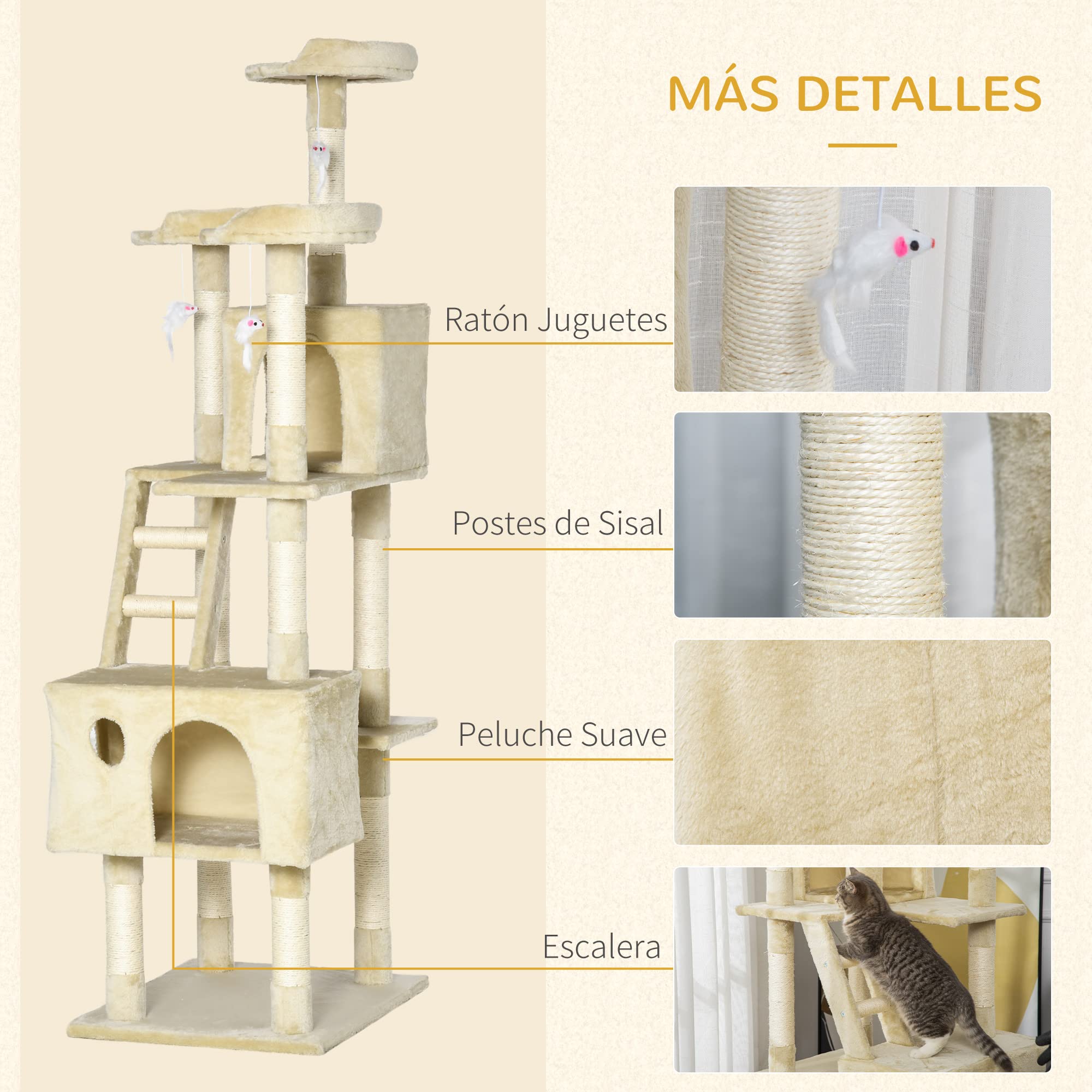PawHut Rascador Árbol para Gatos Grande 60x49x180 cm con Poste de Arañar Múltiples Plataformas Escaleras Cuevas Juguetes Centro de Actividades Beige
