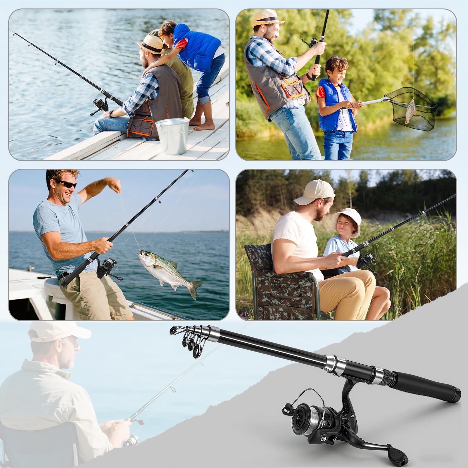 Lomffy Teleskop Angelruten und Rollen Kombi Set, 1.8M Angel Spinnruten Rollen Kombi Set mit Netto Kohlefaser Angelrute mit Tragetasche Angelrute Set mit Rolle Angelzubehör für Salzwasser Süßwasser