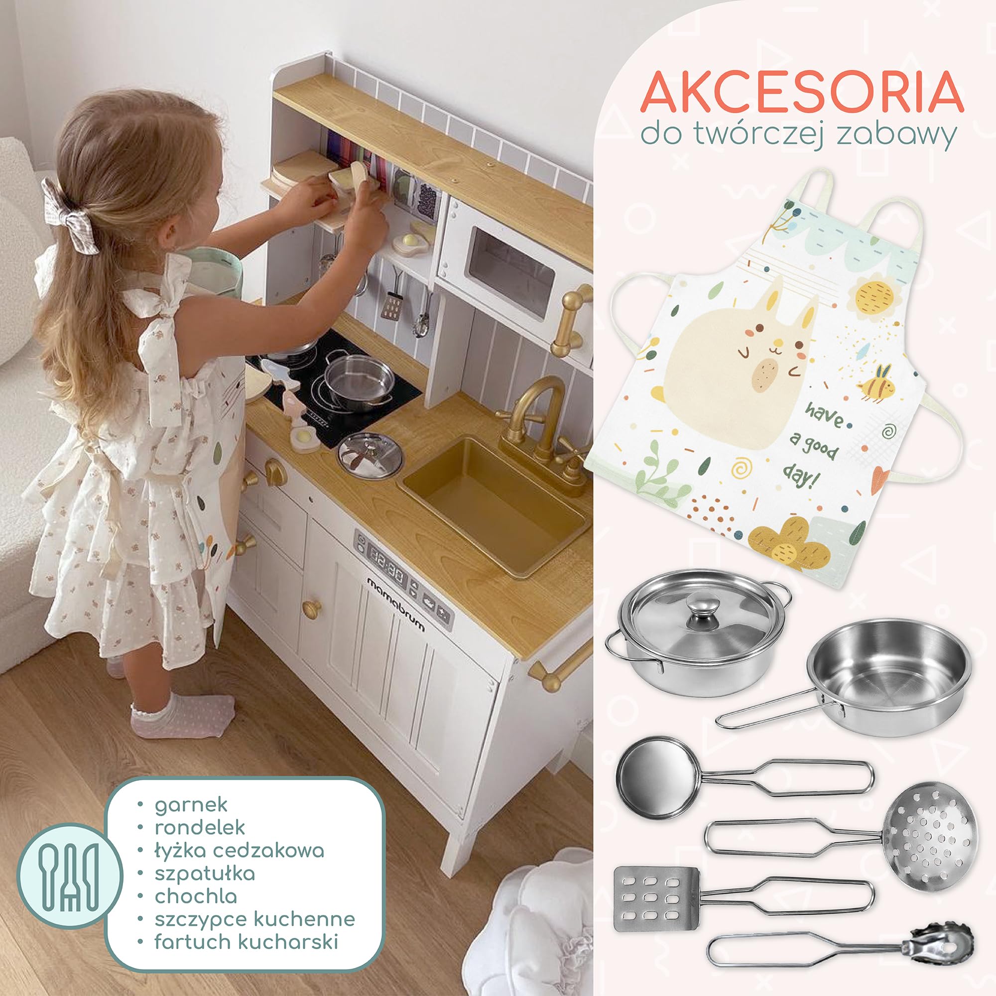 Mamabrum Drewniana Kuchnia dla Dzieci 3+, Dziecięcy Zestaw Kuchenny z Akcesoriami i Fartuszkiem, Biała Kuchenka Zabawkowa z Mikrofalówką, Piekarnikiem, Zlewozmywakiem i Garnkami
