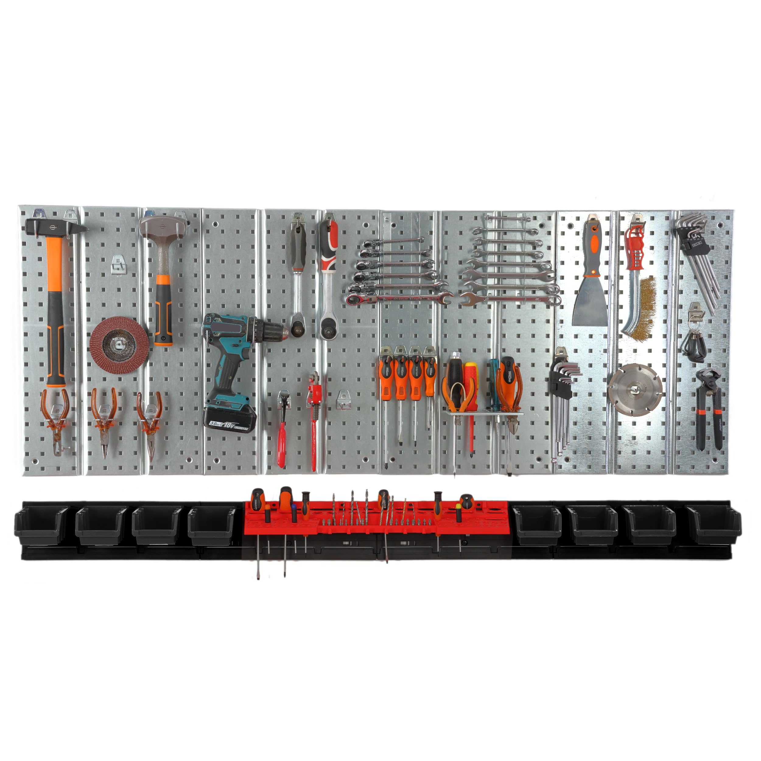 Panel de herramientas de metal 156 x 72 cm, sistema de almacenamiento con portaherramientas, ganchos para herramientas y 8 cajas apilables de 100 x 150 x 70 mm, color: negro, tablero perforado,