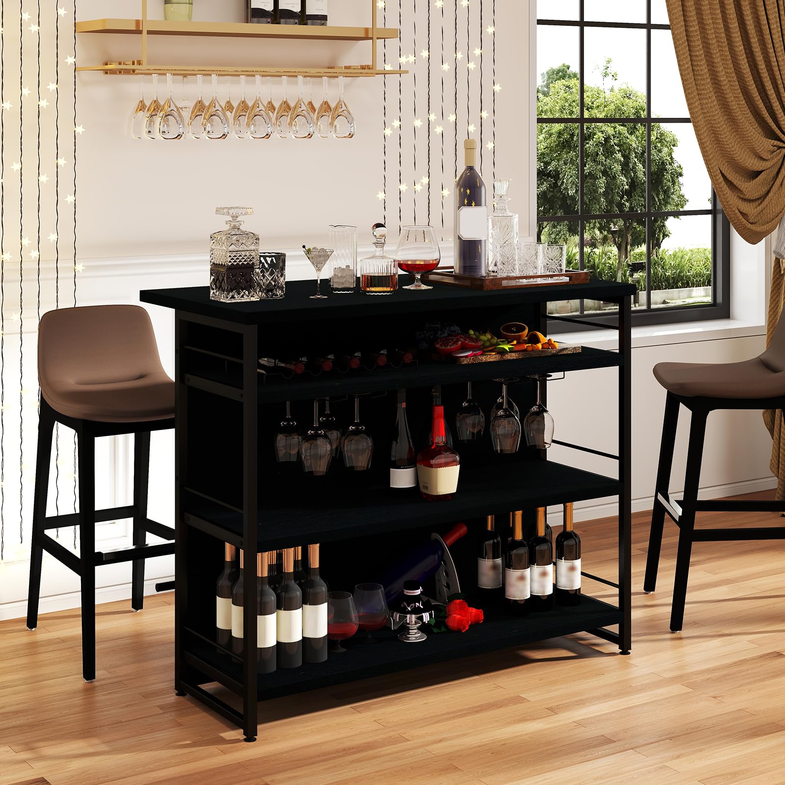 GIANTEX Central Cucina con Piano di Lavoro, Tavolo da Bar a 4 Livelli con Porta Bottiglie, Porta Bicchieri, Porta Vino e Supporti per Bicchieri da Piedi, 60 x 120 x 101 cm