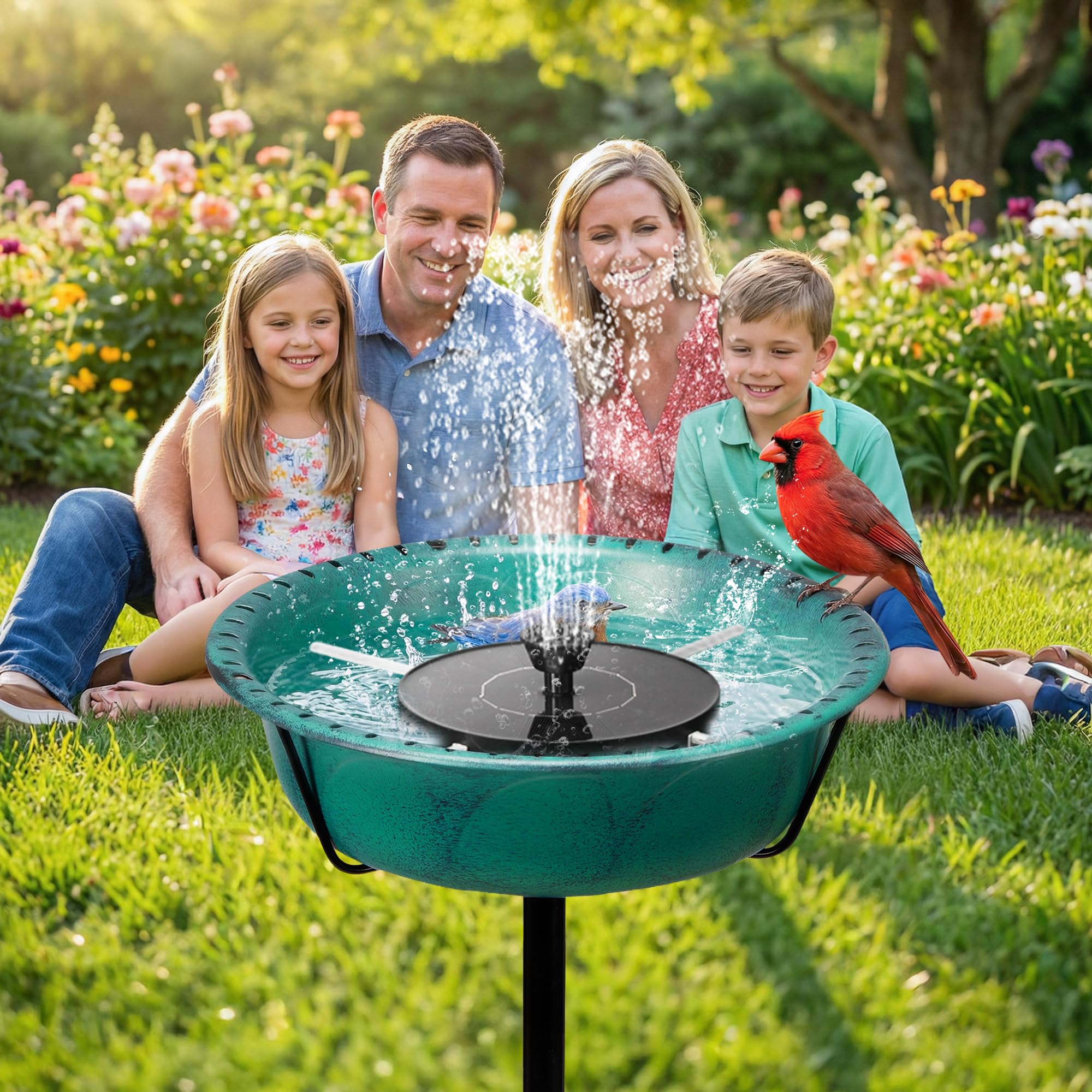 VIVOHOME Fontaine Solaire pour Bain d'oiseaux en Polyresine, Hauteur 74cm, Mangeoire Extérieure sur Pied avec Tige en Métal, Base à 5 Pointes