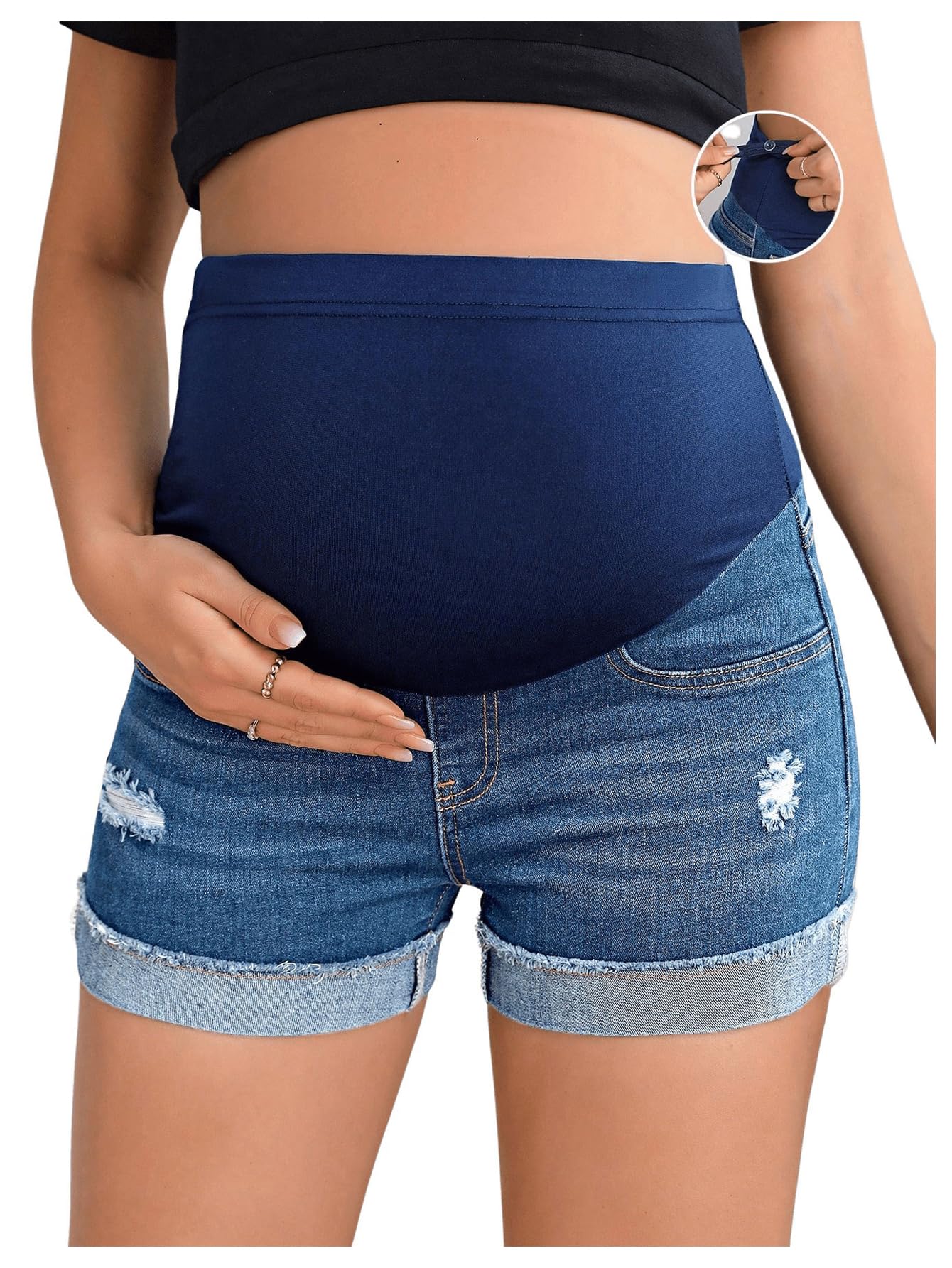 BEAUDRM Women's Maternity Adjustable High Waist Ripped Roll Up Hem Denim Mini Shorts