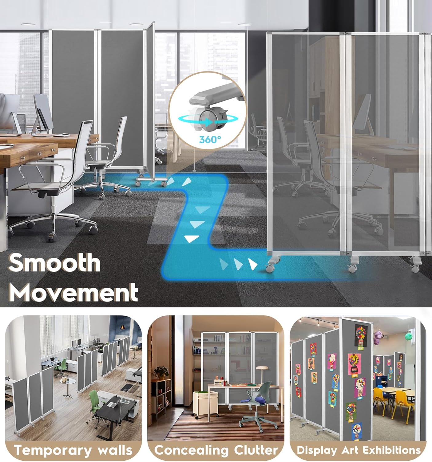 SWANCROWN Folding Office Partition 3-Panel Room Divider 71x71 in, Sliding Privacy Screen Portable Temporary Wall for Cubicle, Studio & Home Office, Soundproof Grey Felt