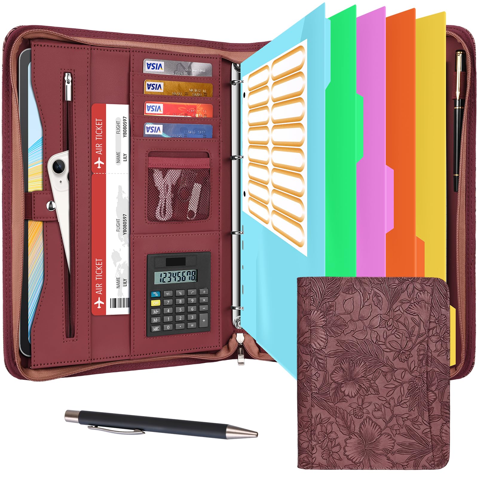 Leathario Portfolio Folder A4, Vegan Leather Conference Folder, 4-Ring Travel Document Holder with 5 5-Part File Dividers, Multi-Pocket Document Folder Organiser, Office Supplies — image 1