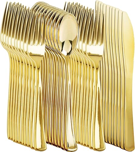 NOCCUR 400 cubiertos de plástico dorados, cubiertos de plástico dorado que incluyen 200 tenedores, 100 cucharas, 100 cuchillos, cubiertos
