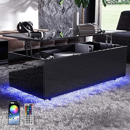 Mesa elevadora de alto brillo con luces LED, mesa auxiliar LED con estante de almacenamiento y compartimento oculto para el hogar, sala de estar, disponible en Yaxa Peru