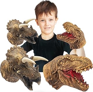 Dinosaur Hand Puppets Realistic Latex Soft Animal Head Toys Set, Hand Puppet Toys Gift for Kids, Party Show Imaginative Play (Tyrannosaurus & Triceratops)