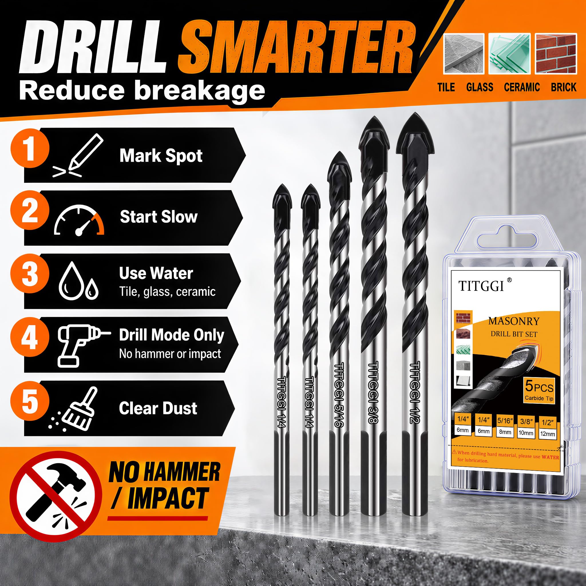 Masonry Drill Bit Set - 5 Piece Carbide Bits -8 Masonry Drill Bit Set - 5 Piece Carbide Bits -8