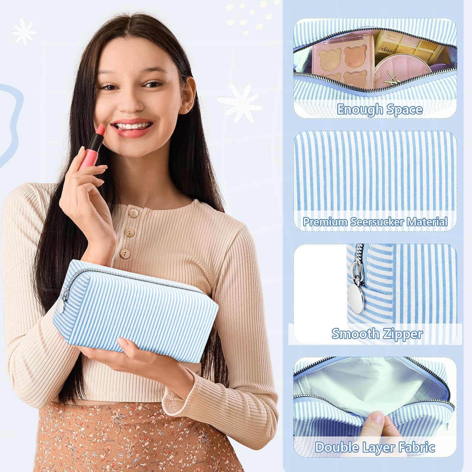 Giesiery 8 Pcs Seersucker Makeup Bags Striped Cosmetic Bags Bulk Organizer for Women Preppy Travel Toiletry Pouch for Wedding Bridesmaid Gifts (Blue, Medium)
