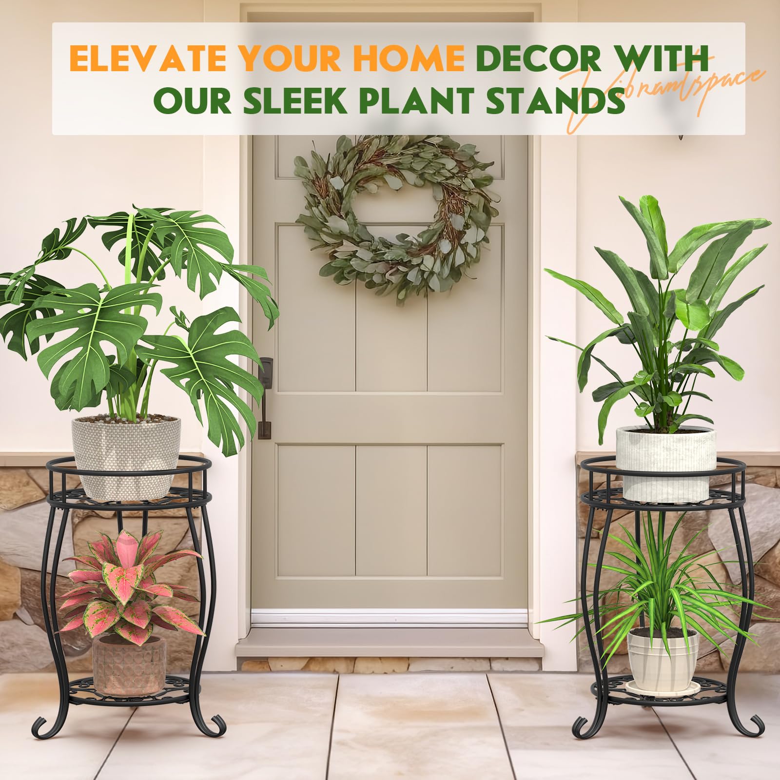 Soporte de metal de 2 niveles para plantas para interiores y exteriores, resistente al óxido, soporte estable para múltiples plantas, soporte para macetas para sala de estar, balcón, jardín, patio 8