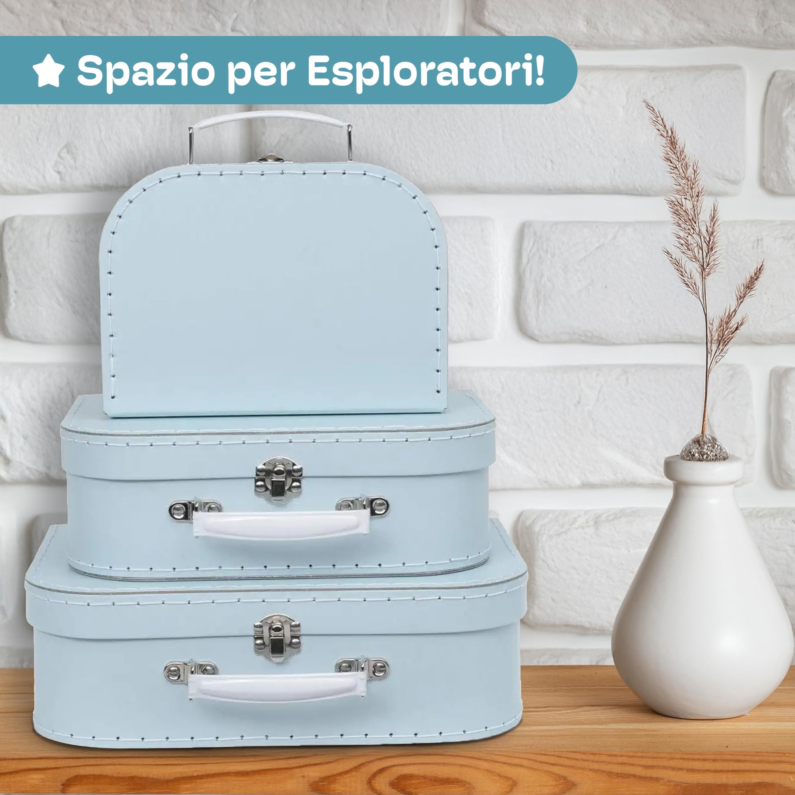 Jewelkeeper - Valigie in Cartoncino, Set da 3 – Scatole Regalo Portaoggetti Impilabili per Compleanno Matrimonio Natale Nursery Ufficio Decorazione Vetrine Giocattoli Foto - Disegno Pastello Azzurro