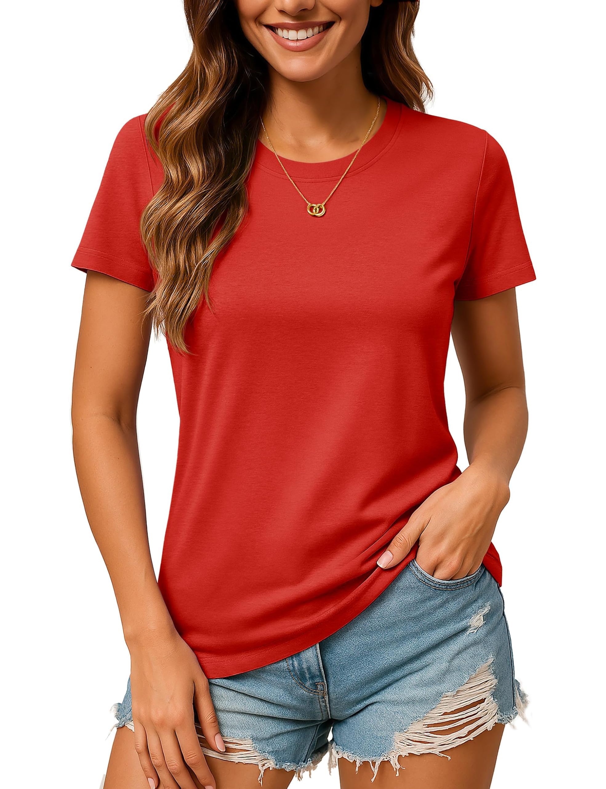 TACVASEN Damen T-Shirt Baumwolle Rundhals Sommer Tshirt Basic Oberteil Lässig Shirt Kurzarm Cotton Einfarbig Tops