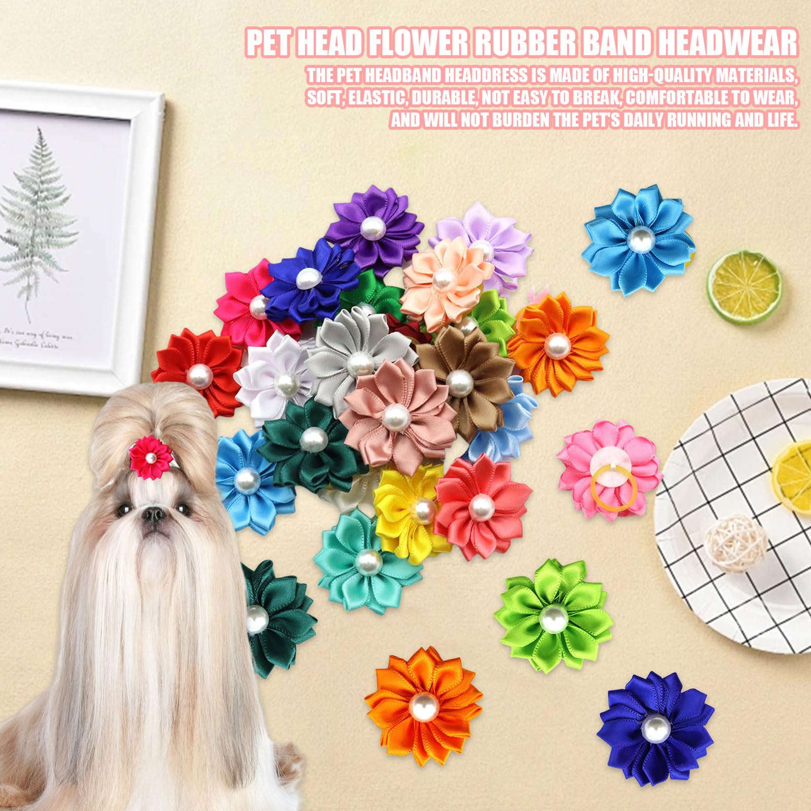 Dog Hair Bands, 23 Pcs Multicolor Flower Pearls Dog Hair Bows with Elastic Rubber Bands - Image 3