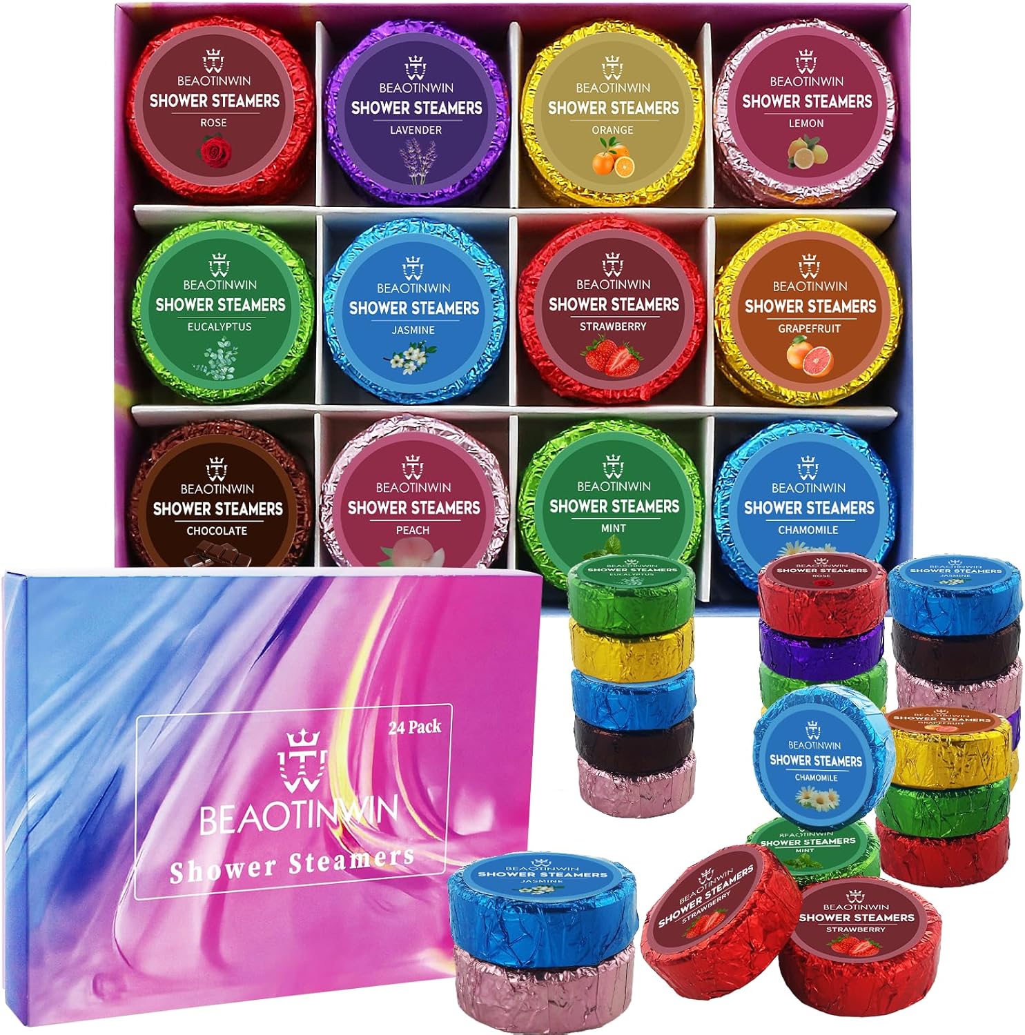24 pcs Shower Steamers Aromatherapy Shower Tablets, Stress Relief and Luxury Self Care,Vegan Organic Shower Bomb Set, Pampering Birthday Relaxing Presents Hampers for Women Mum