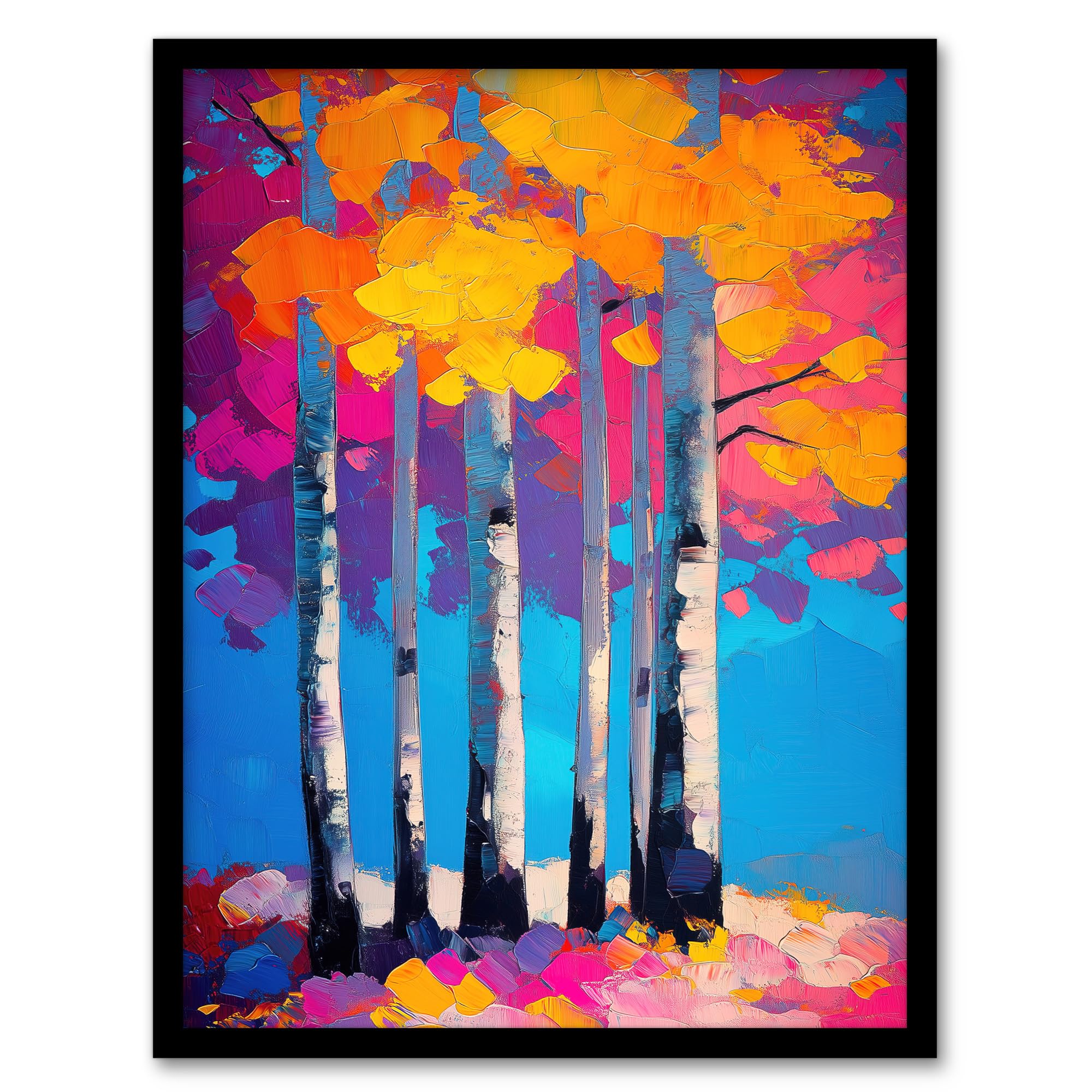 Artery8 Autumn Birch Trees Vibrant Abstract Painting Living Room Artwork Framed Wall Art Print A4