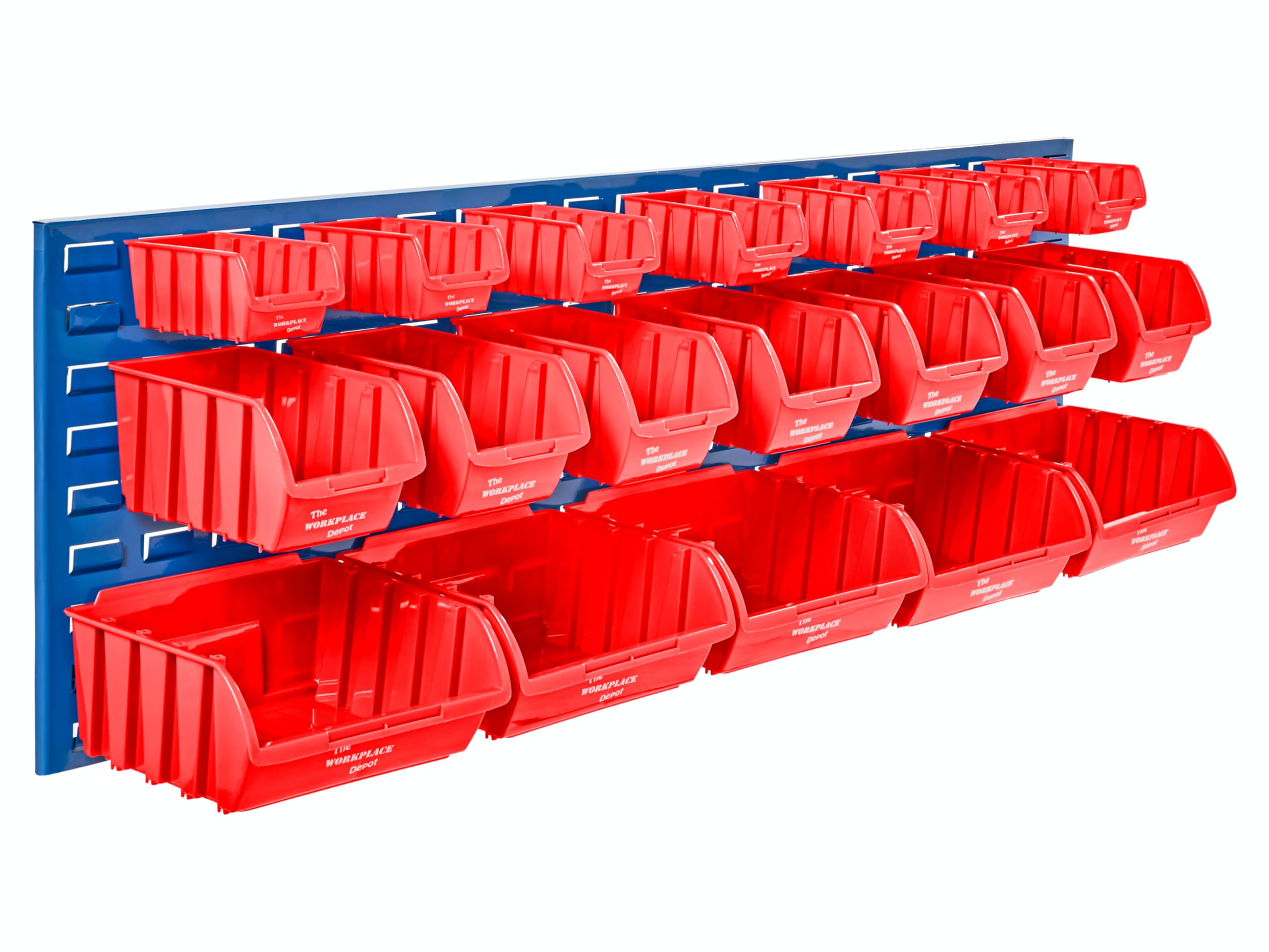 The Workplace Depot Louvre Panel & Bins Kit – Steel Wall-Mounted Storage Organiser 460(H) × 1490(W) mm with Plastic Bins – Ideal Workshop, Garage & Office (Red, with x19 Mixed Bins)