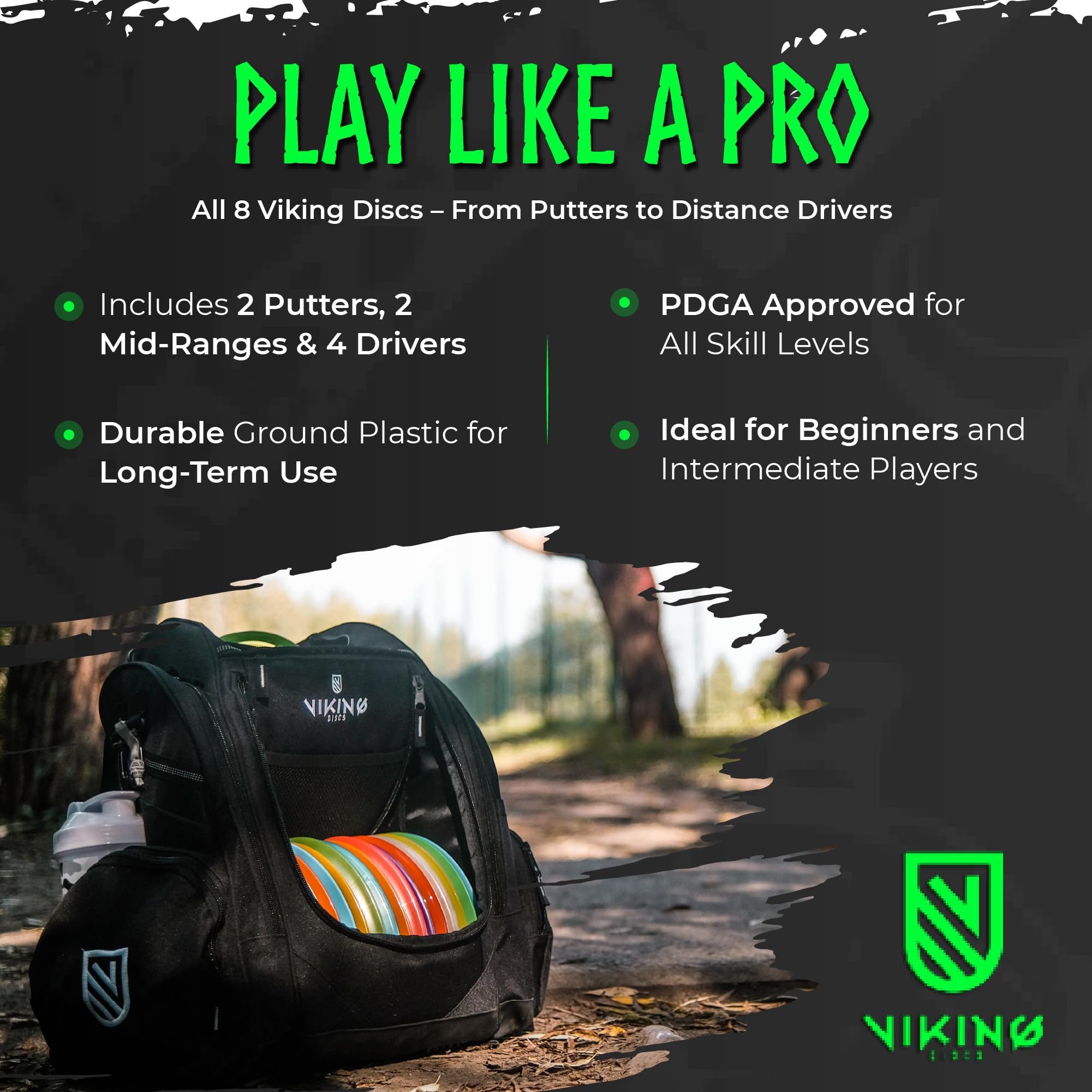 Viking Discs Ground Series – Disc Golf Set with 8 Discs for All Distances – PDGA Certified – Complete Gear for Adults Including Putter, Midrange, Fairway, and Distance Driver