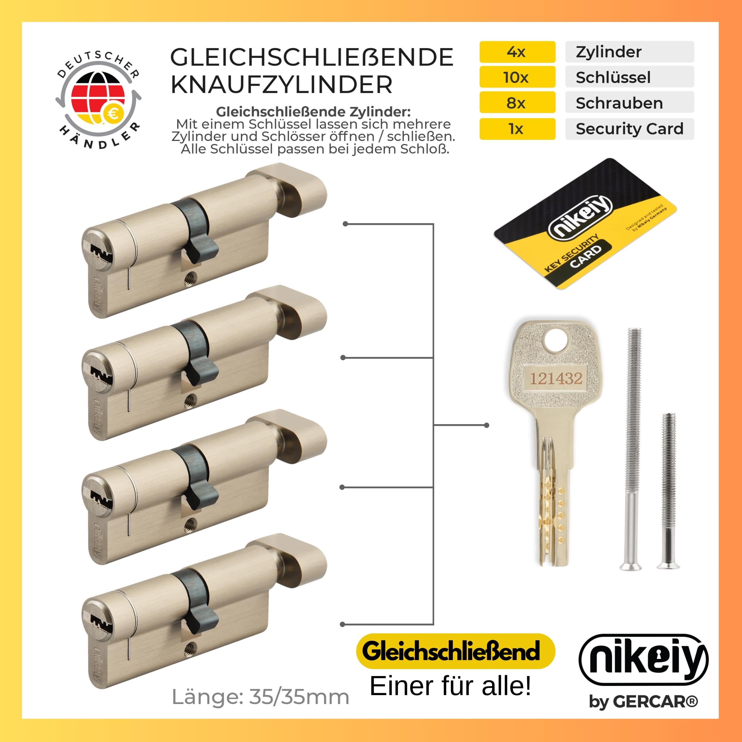 GERCAR Pro Set Of 4 Profile Cylinders Simultaneous Locking 35/35 – N G Lock Cylinder With Emergency And Danger Function – Cylinder Lock With Drill Protection And 10 Keys With CodeCard | 70 Mm | A:35 - View #3