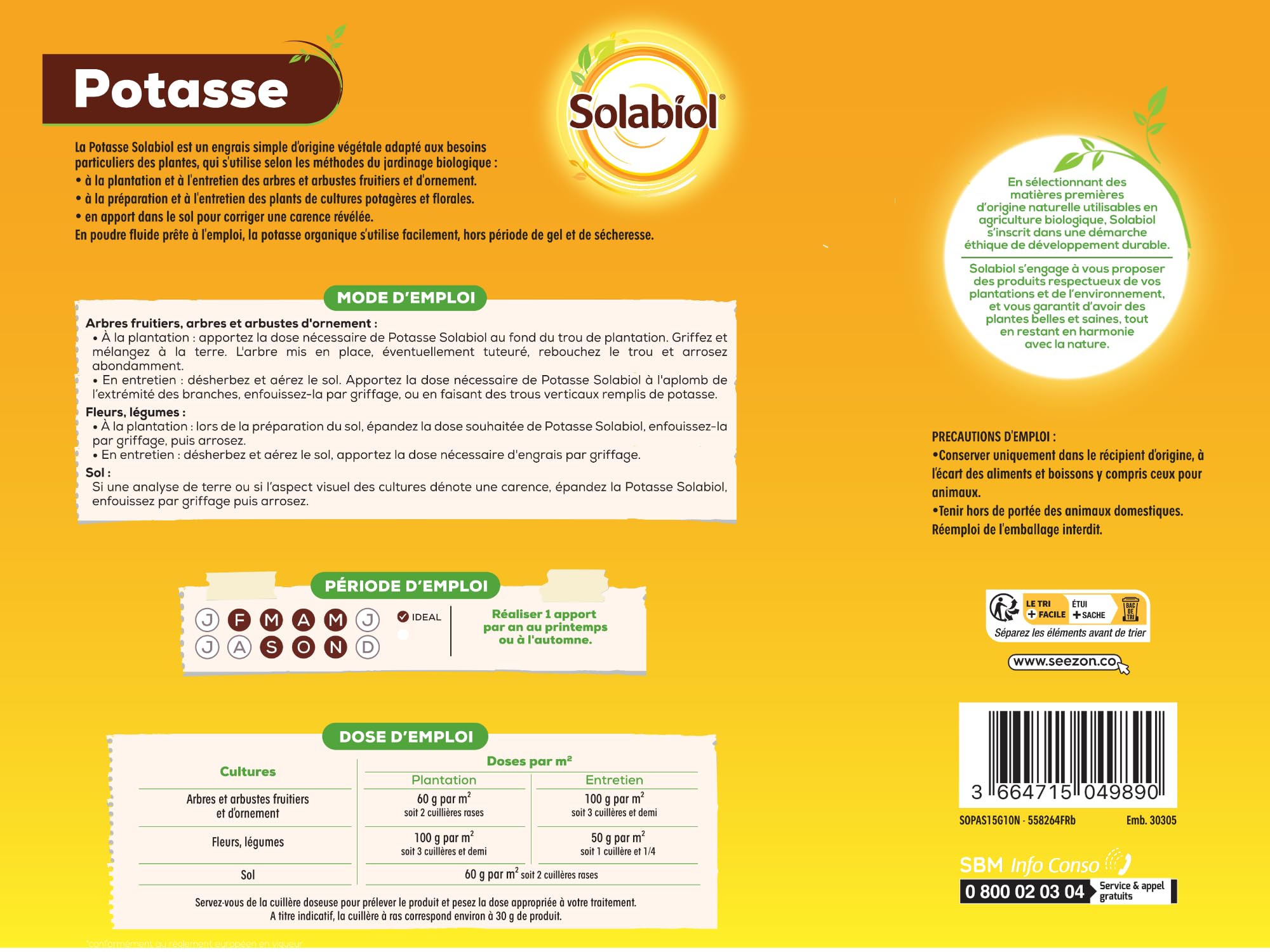 Solabiol Engrais Potasse - 1,5Kg - Jusqu'à 30m² - Améliore La Fructification - Facile A Épandre - pour Toutes Les Cultures - Utilisable en Agriculture Biologique SOPAS15G10N