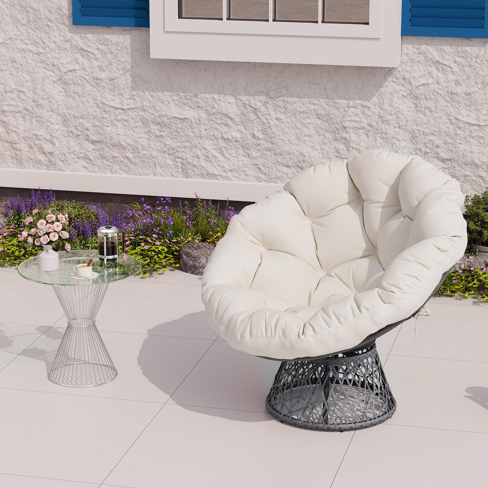 Drehbarer Papasan Stuhl Belastbar Bis 350 LBS, 360° Rundsessel Mit Extra Dicker Polsterung & Wetterfestem Kissen, Rattan-Look Sessel Für Indoor & Outdoor, Wohnzimmer, Balkon & Garten