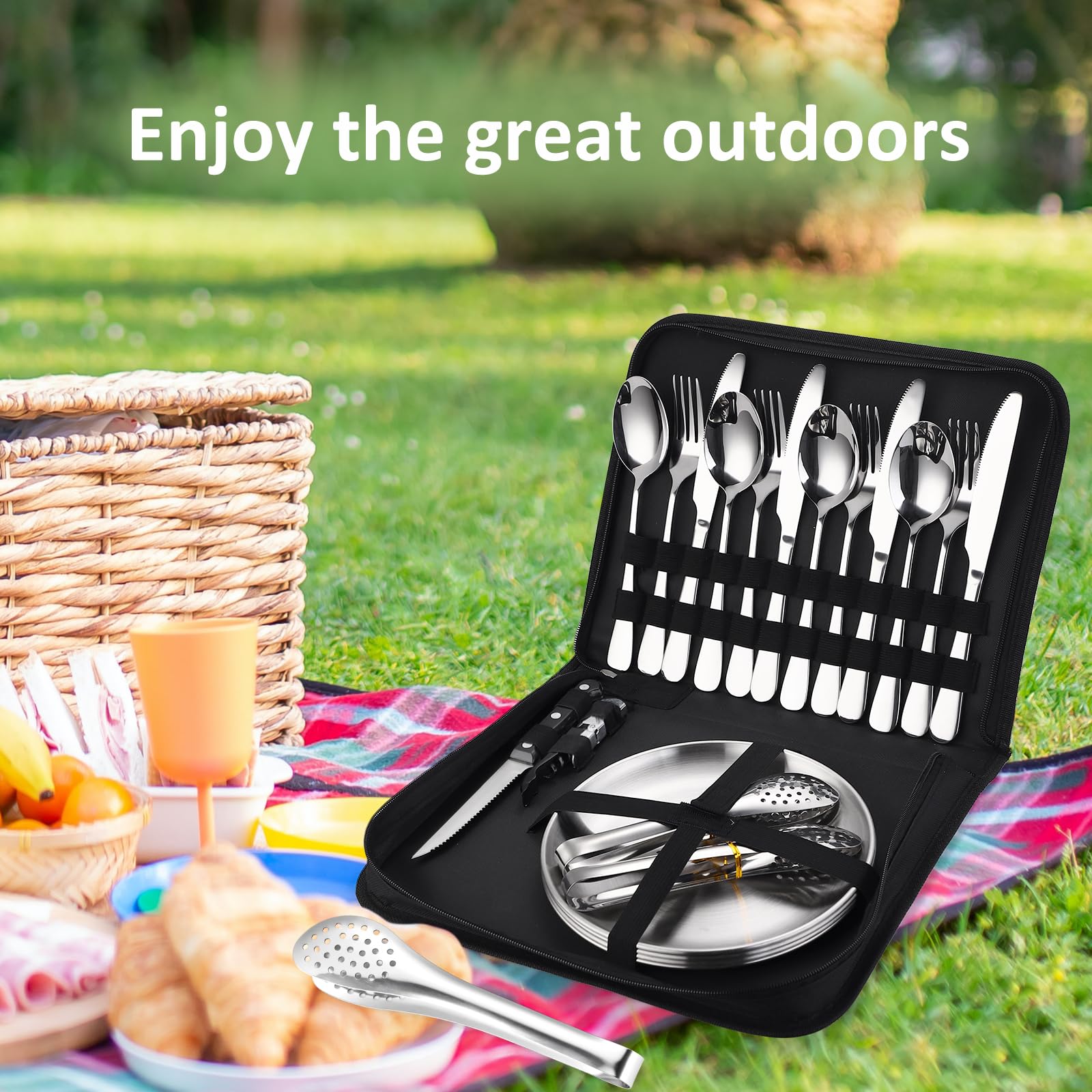 Camping-Besteck-Set, Besteck-Organizer, Utensilien, Picknick-Set, 24-teiliges Set für 4 Personen, Edelstahl-Teller, Löffel, Clip und Steakmesser, Weinöffner, Gabel, Serviette, Wandern – Campingküche,