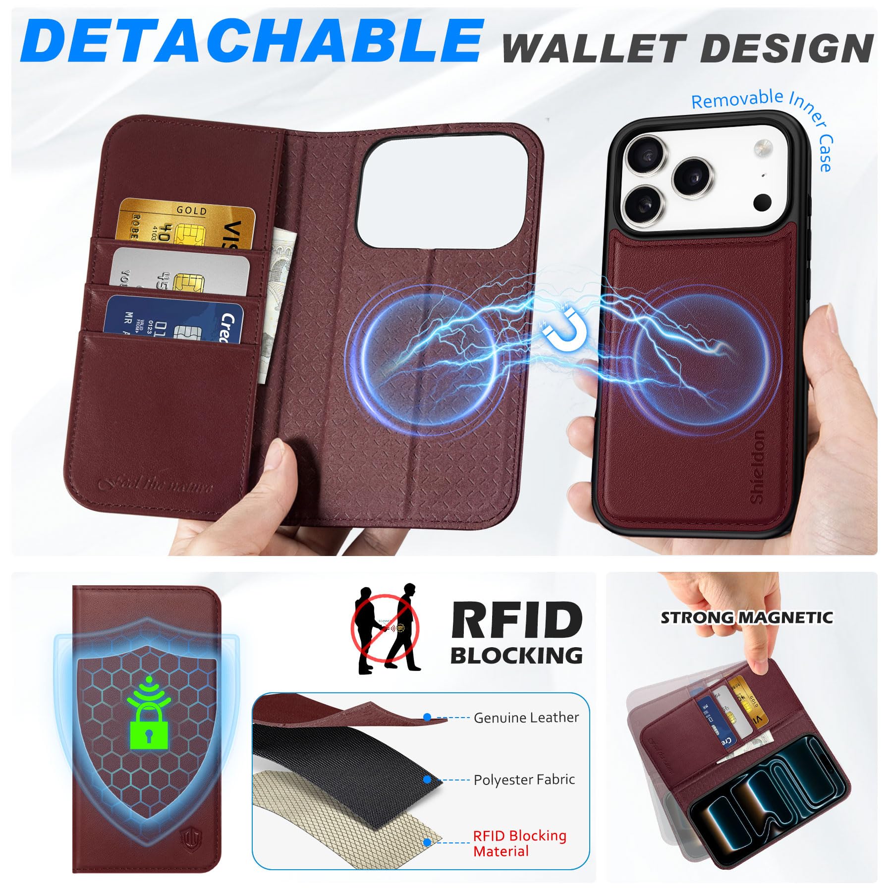 SHIELDON Genuine Leather Removable Wallet Case For IPhone 17 Pro 6.3-inch 2025, Magnetic Wireless Charging, RFID Blocking, Card Slots, Stand Function