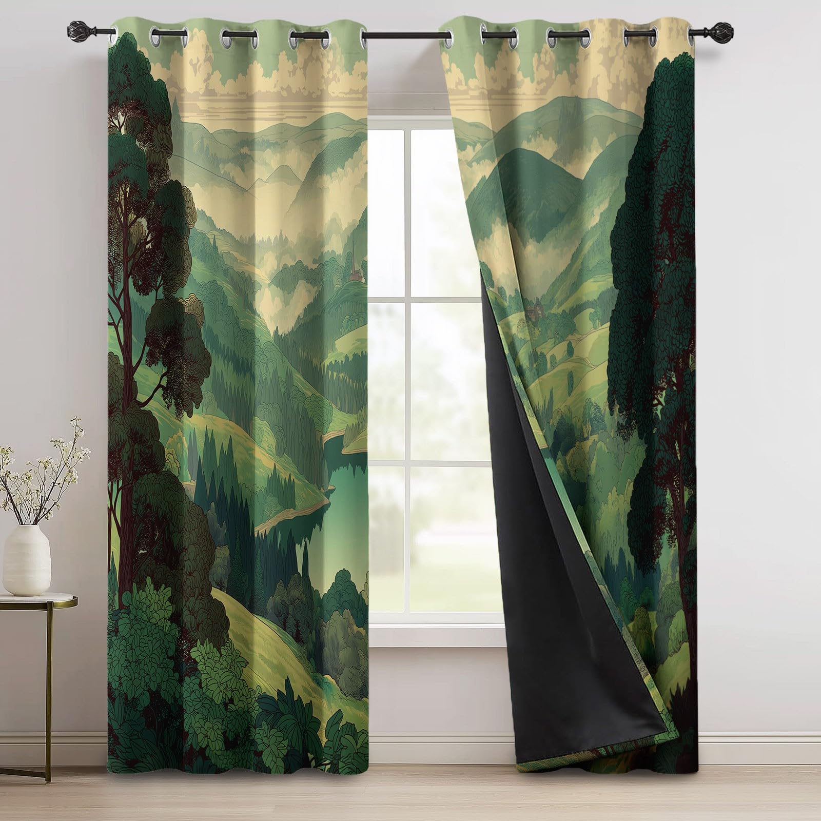 Zasłony zaciemniające 91,5 l x 160H cm (2 panele), styl kreskówkowy leśne wzgórza, draperie zapobiegające nagrzewaniu do pokoju dziecięcego, zielone