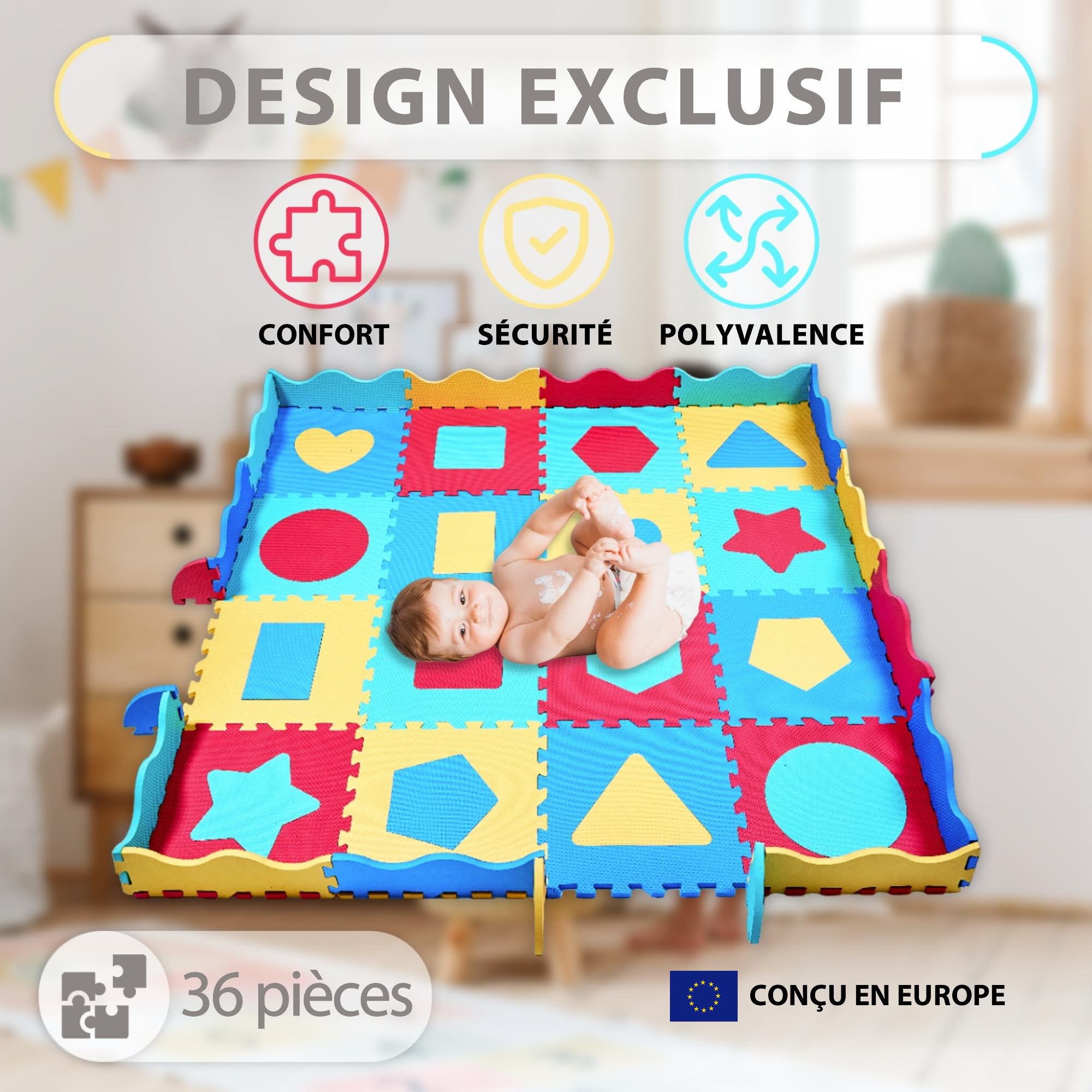 Tapis Puzzle Bébé Mousse EVA 140x140 cm – Tapis d'Éveil Sol Épais 1,2 cm avec 36 Dalles Intercambiables, Bordures et Sac de Rangement | Dalle Mousse Bébé Antidérapante